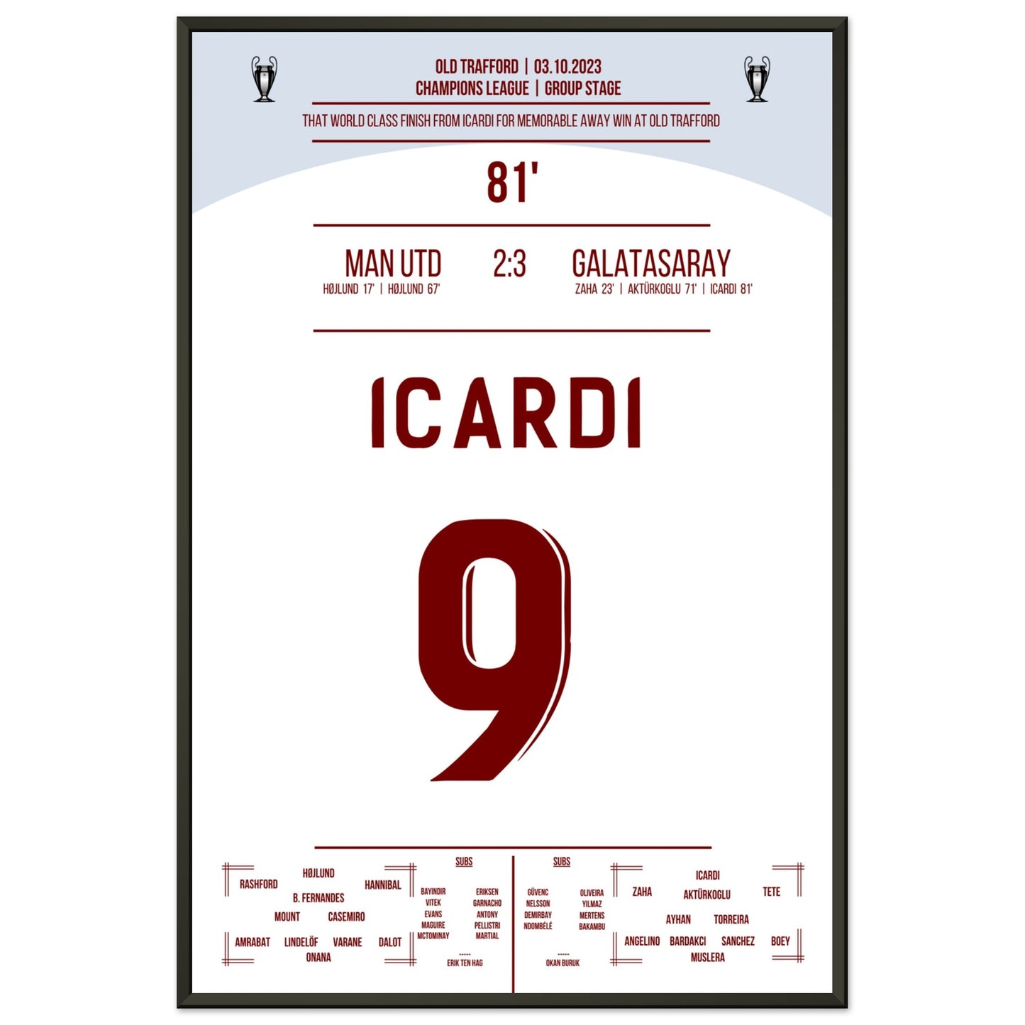 Icardi's Siegtreffer im Old Trafford 60x90-cm-24x36-Schwarzer-Aluminiumrahmen