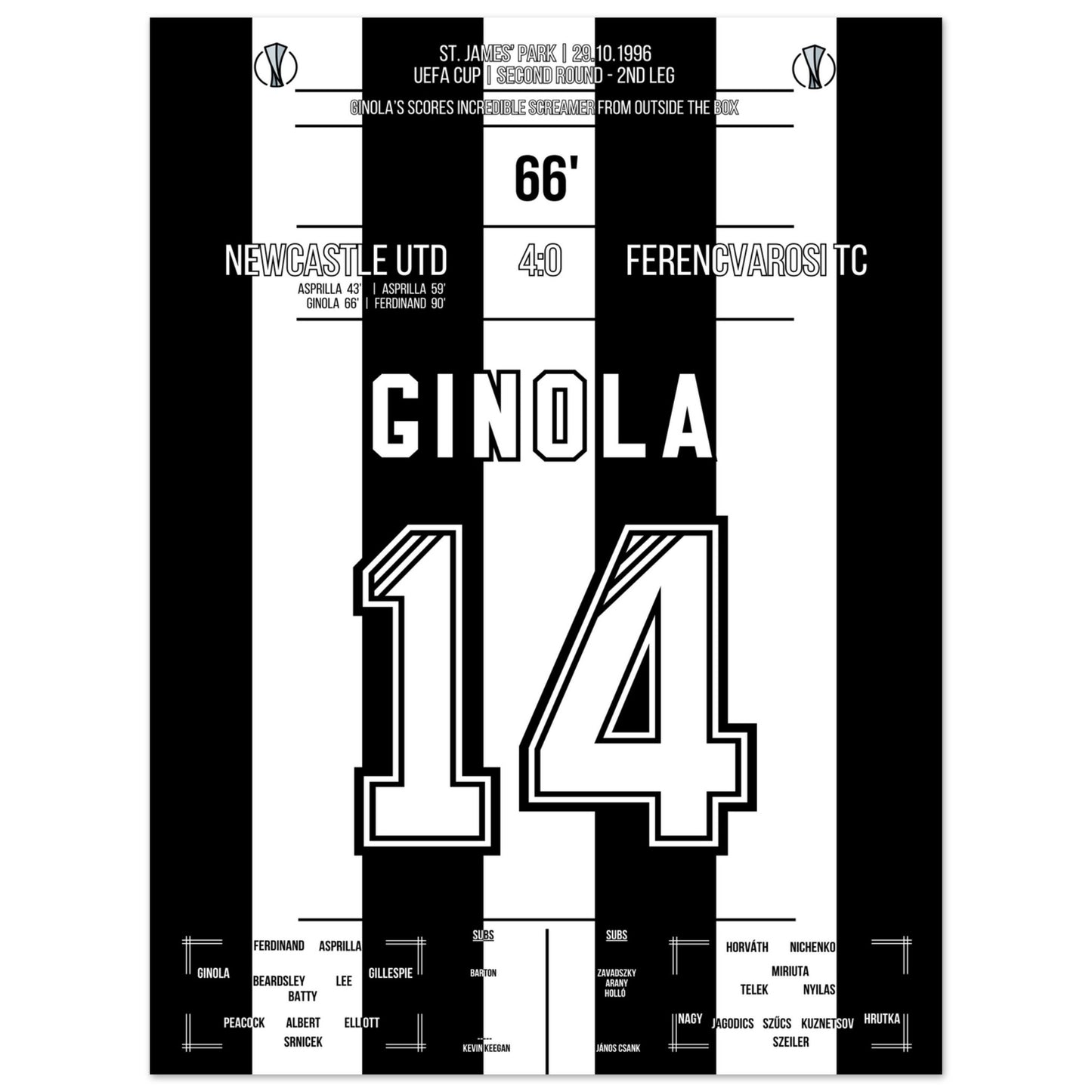 Ginola's Traumtor gegen Ferencvaros 1996 30x40-cm-12x16-Ohne-Rahmen