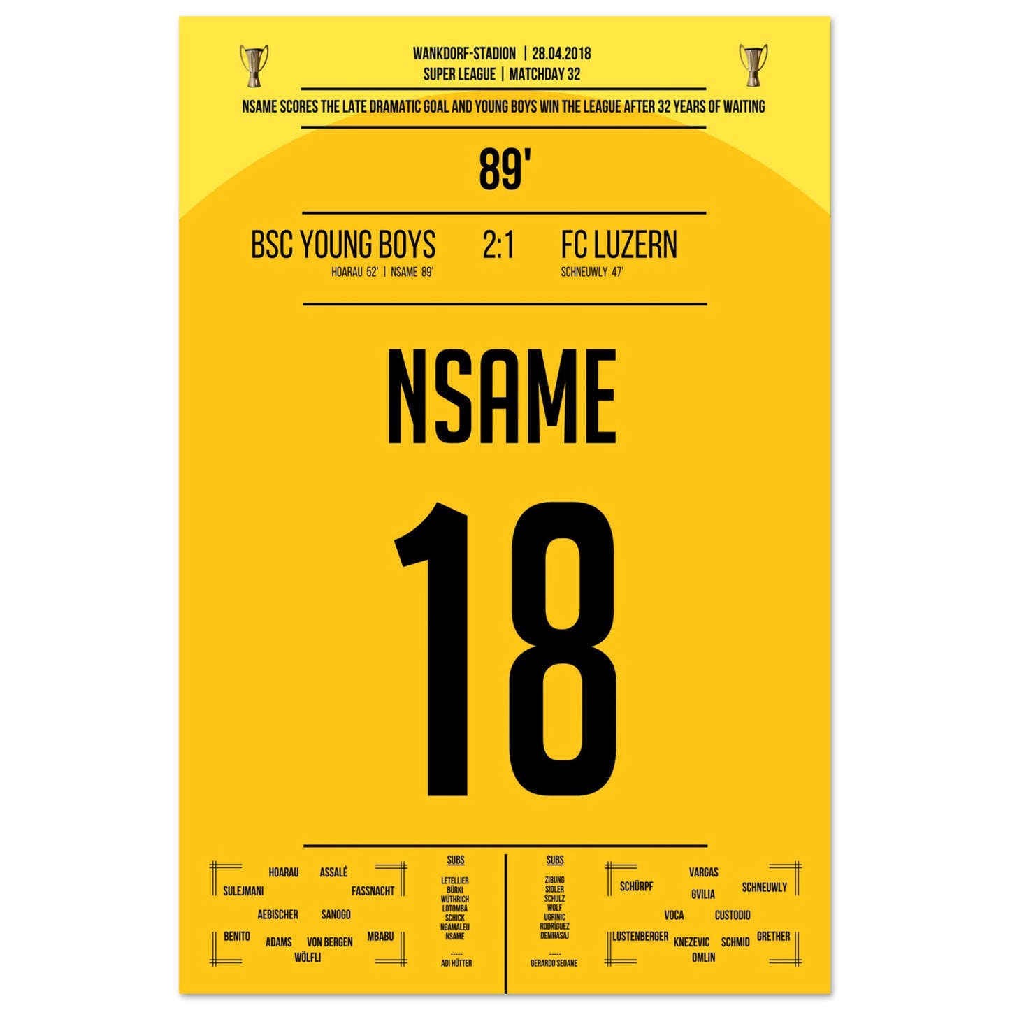 Nsame's Siegtreffer zur ersten Meisterschaft für Young Boys Bern nach 32 Jahren 60x90-cm-24x36-Ohne-Rahmen