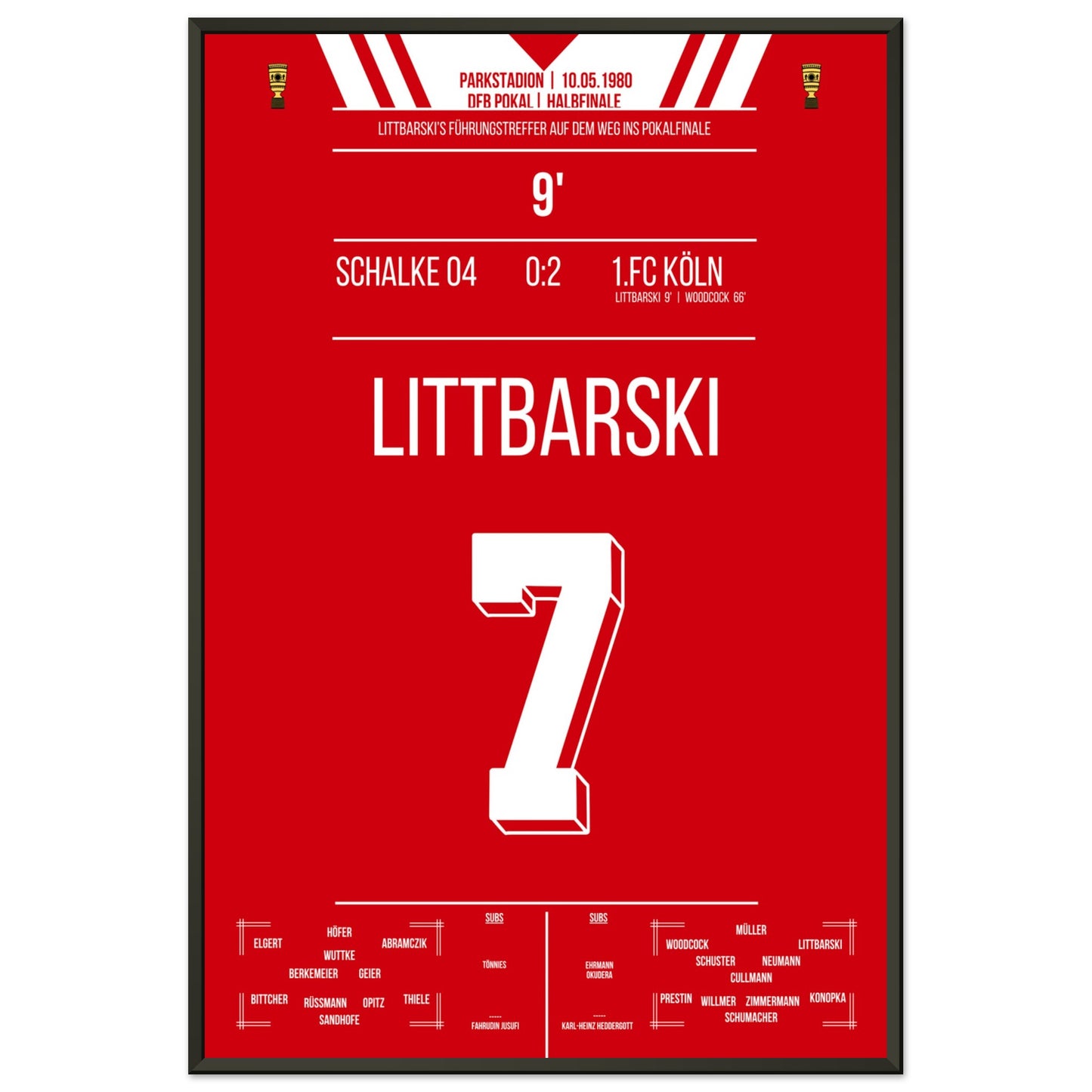 Littbarski's Führungstreffer im Pokalhalbfinale gegen Schalke 1980 60x90-cm-24x36-Schwarzer-Aluminiumrahmen