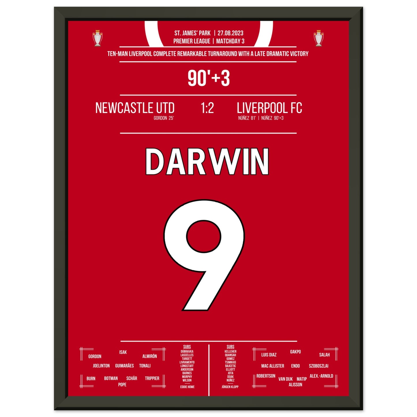Darwin Nunez' später Doppelpack zum Sieg bei Newcastle 2023 30x40-cm-12x16-Schwarzer-Aluminiumrahmen