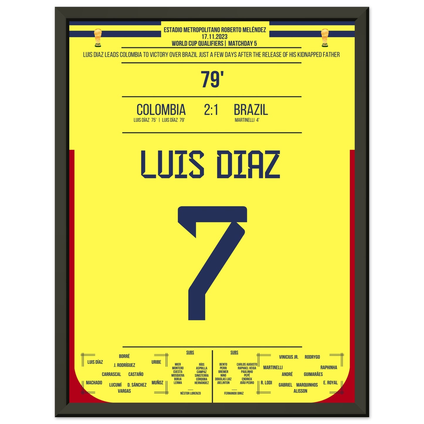 Luis Diaz schießt Kolumbien zum Sieg gegen Brasilien und widmet es seinem Vater 30x40-cm-12x16-Schwarzer-Aluminiumrahmen