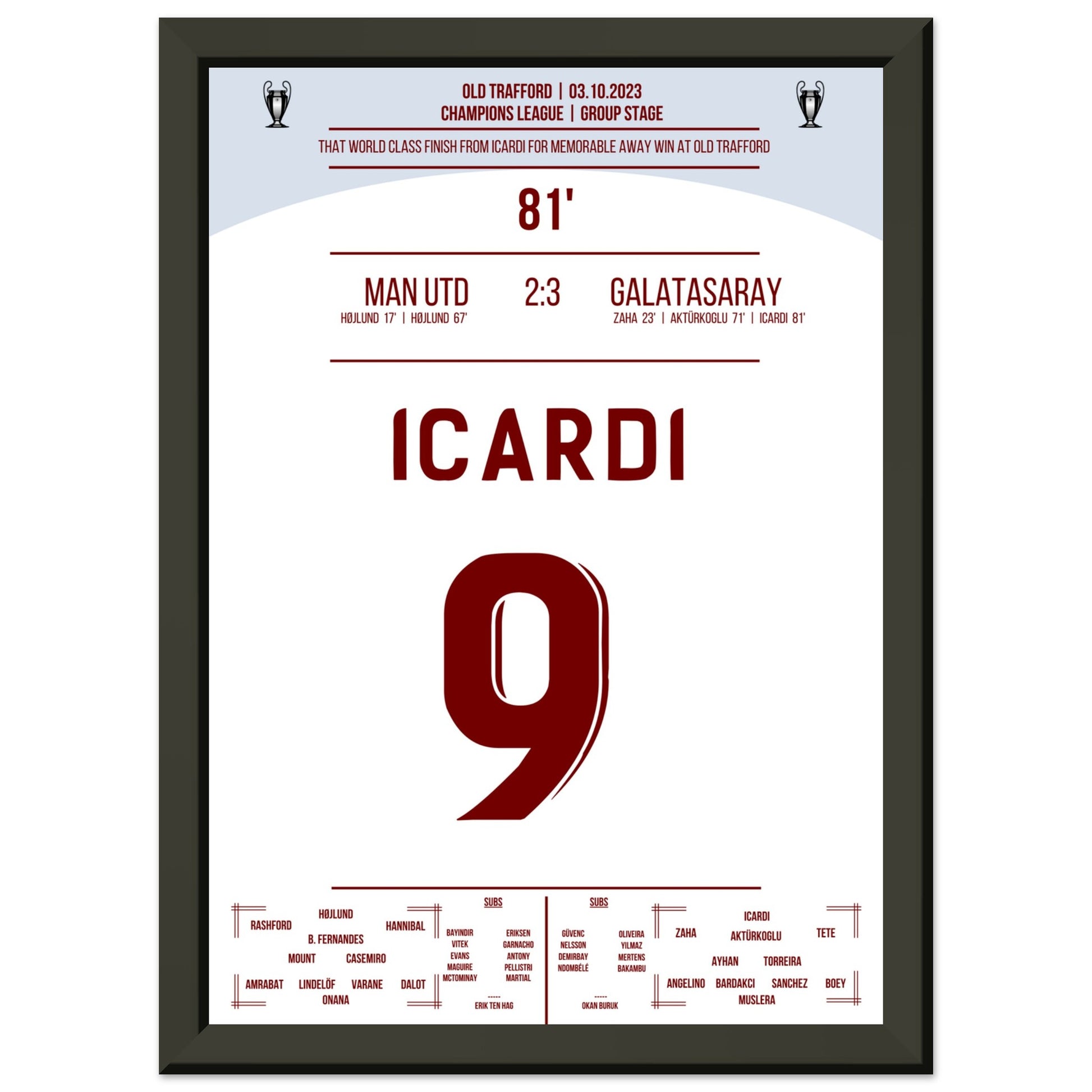 Icardi's Siegtreffer im Old Trafford A4-21x29.7-cm-8x12-Schwarzer-Aluminiumrahmen