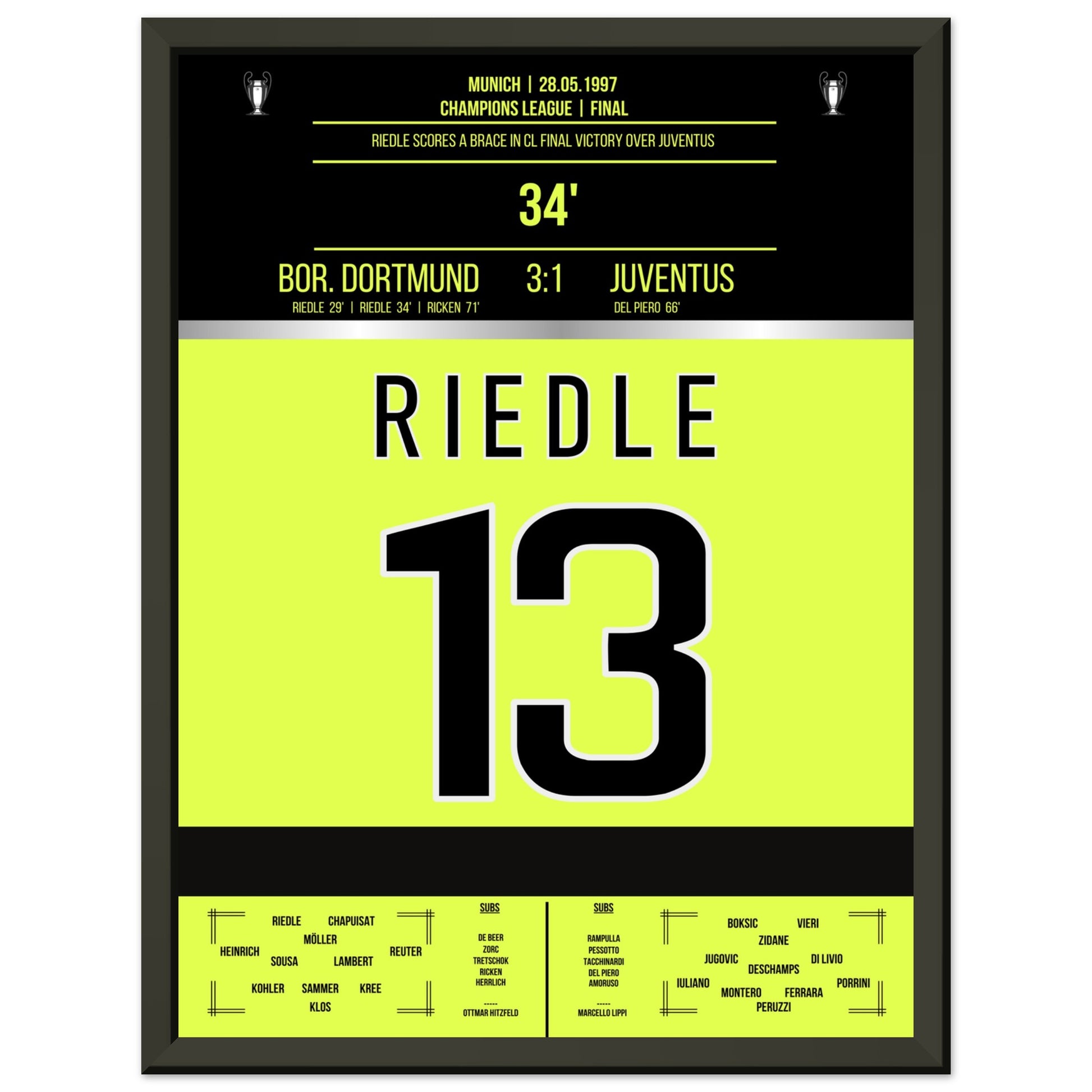 Riedle's Doppelpack im Champions League Finale 1997 30x40-cm-12x16-Schwarzer-Aluminiumrahmen