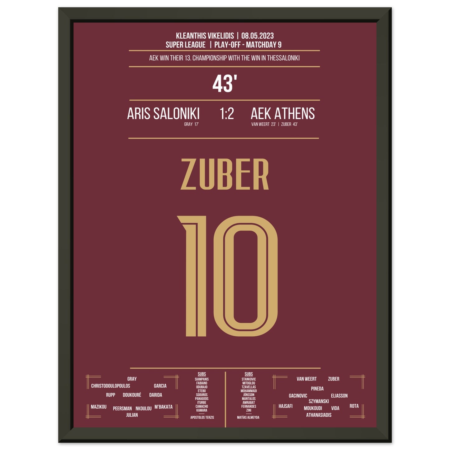 Zuber's Tor zu AEK's 13. Meisterschaft 30x40-cm-12x16-Schwarzer-Aluminiumrahmen