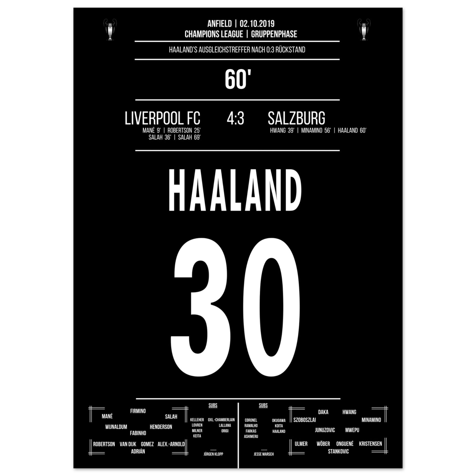 Haaland's Auslgeichstreffer bei Salzburg's wildem Fight in Anfield 2019 50x70-cm-20x28-Ohne-Rahmen