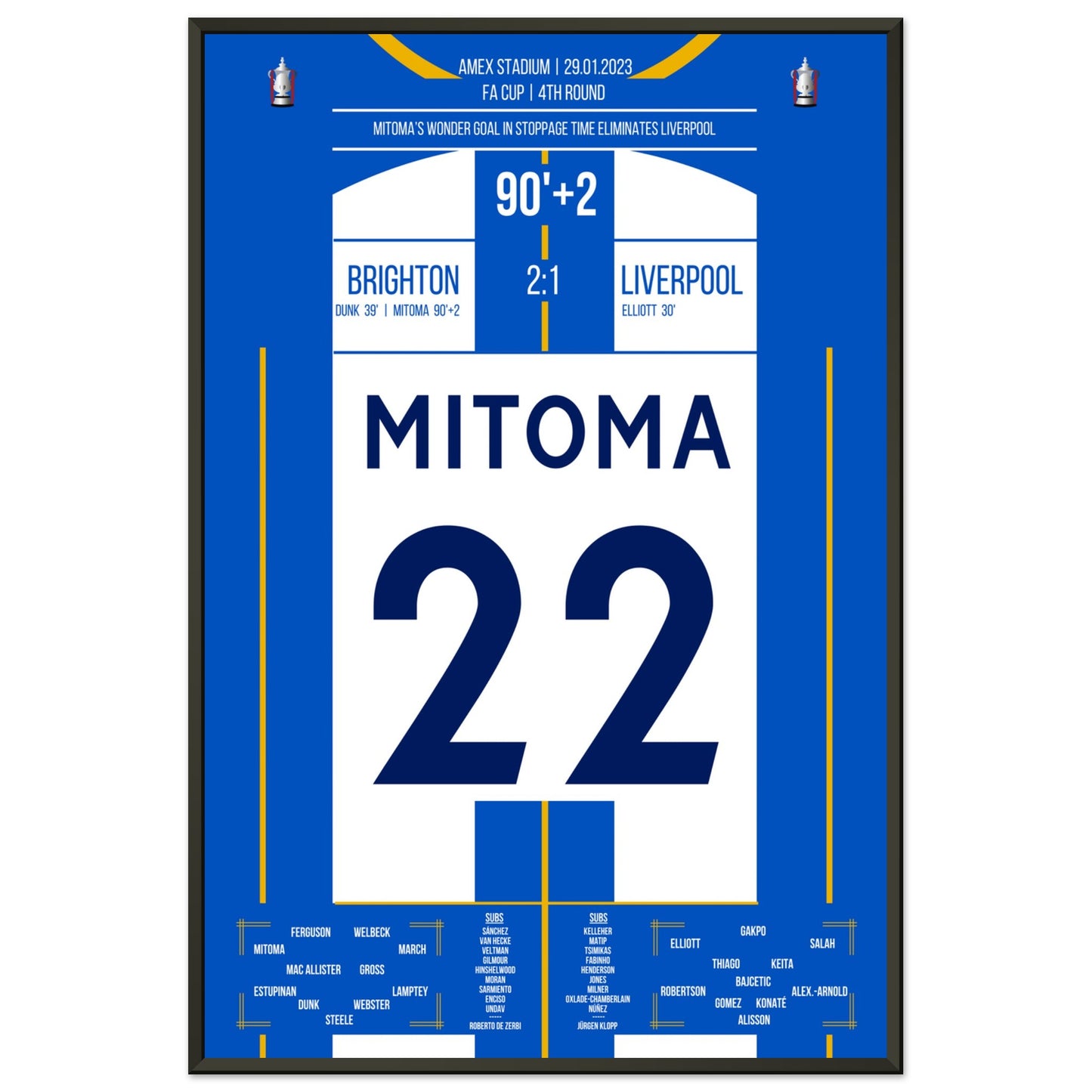 Mitoma's Tor in der Nachspielzeit im FA Cup gegen Liverpool 60x90-cm-24x36-Schwarzer-Aluminiumrahmen