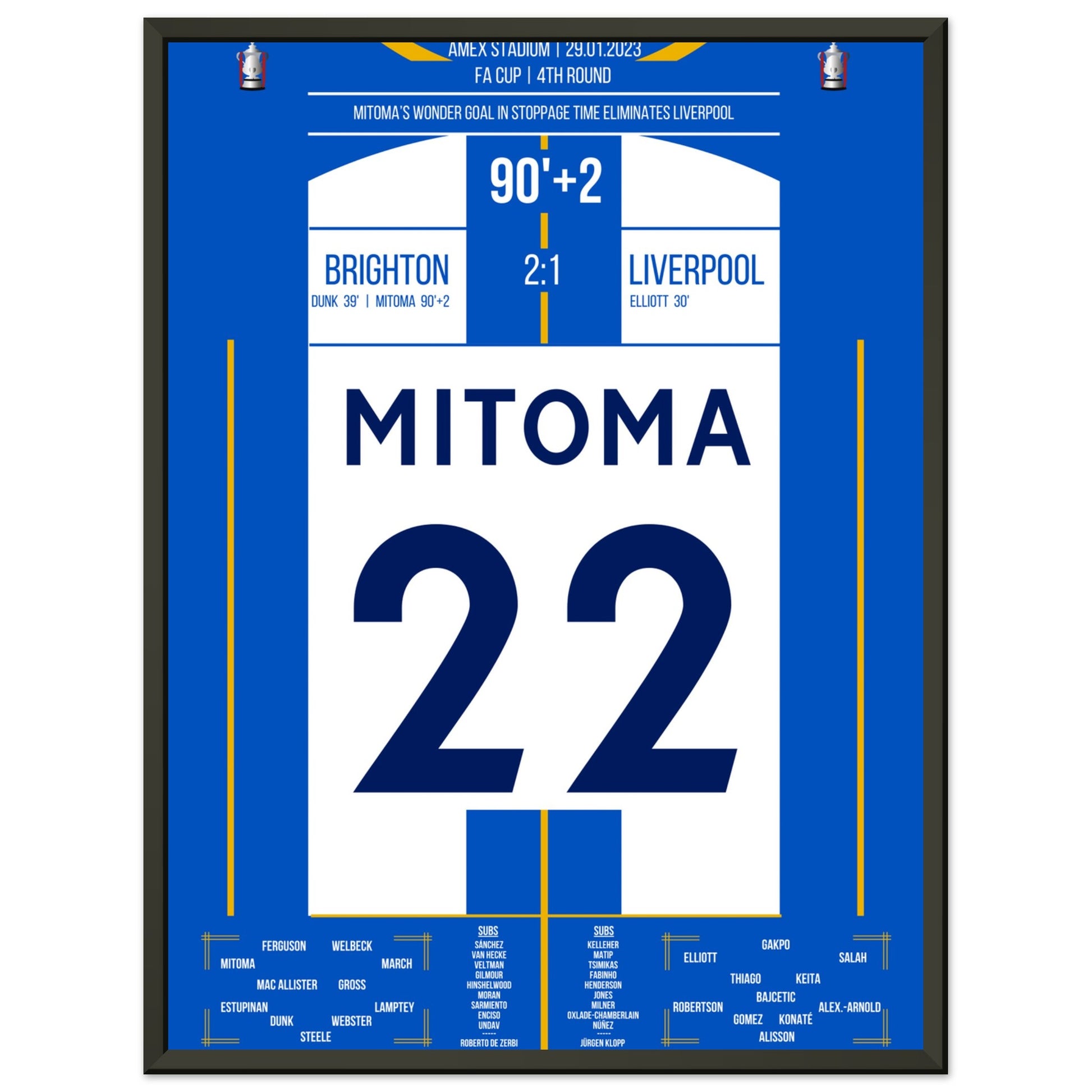 Mitoma's Tor in der Nachspielzeit im FA Cup gegen Liverpool 45x60-cm-18x24-Schwarzer-Aluminiumrahmen