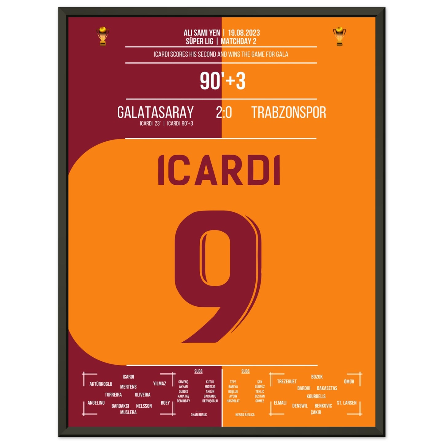 Icardi-Doppelpack gegen Trabzonspor Saison 2023/24 45x60-cm-18x24-Schwarzer-Aluminiumrahmen