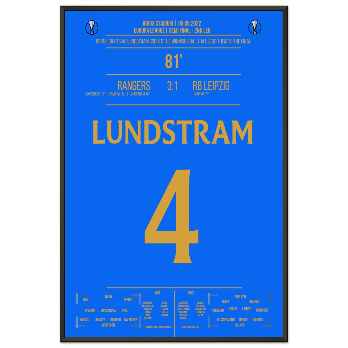 Lundstram's Siegtreffer zum Finaleinzug in der Europa League 60x90-cm-24x36-Schwarzer-Aluminiumrahmen