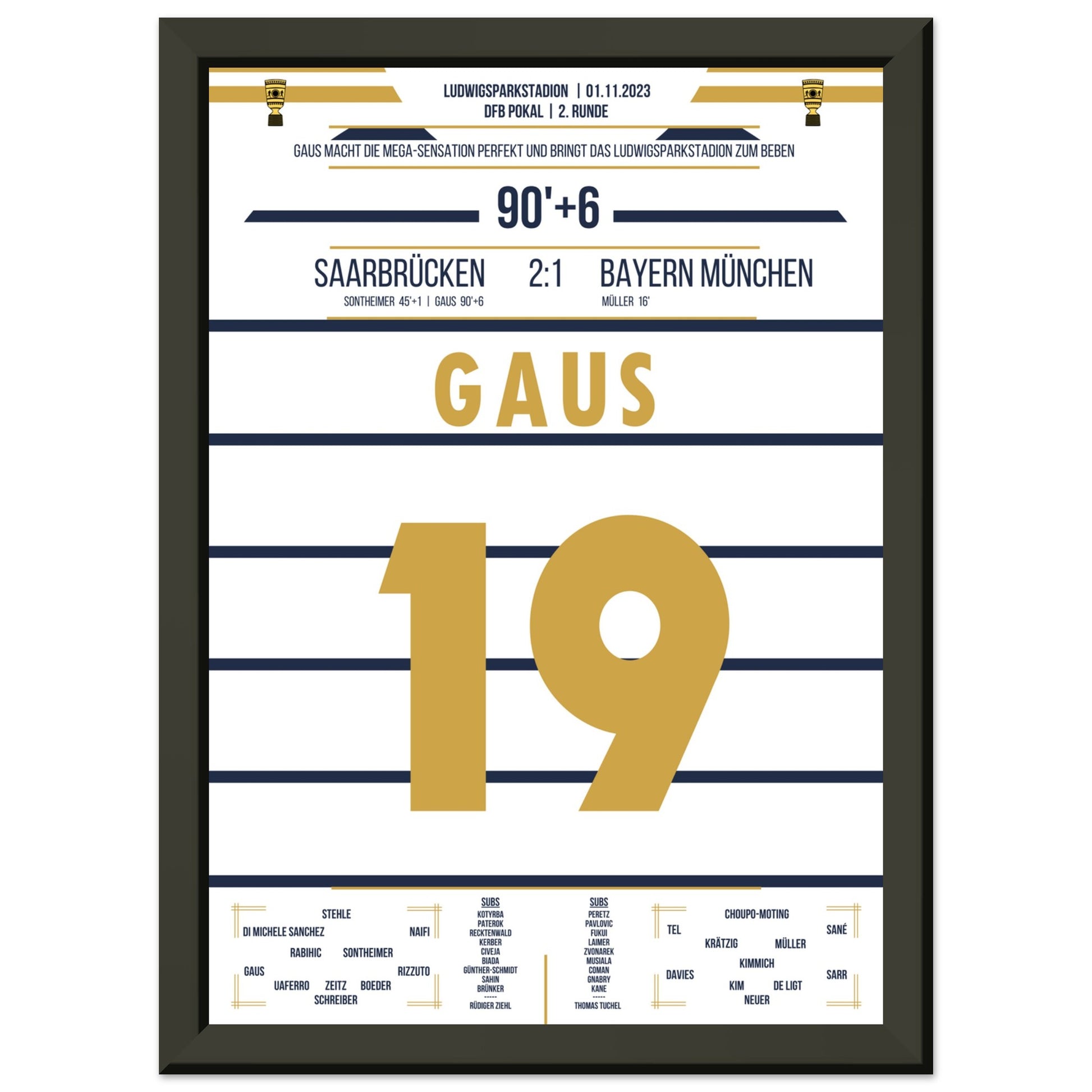 Pokalsensation in Saarbrücken - Gaus schiesst Bayern aus dem Pokal A4-21x29.7-cm-8x12-Schwarzer-Aluminiumrahmen
