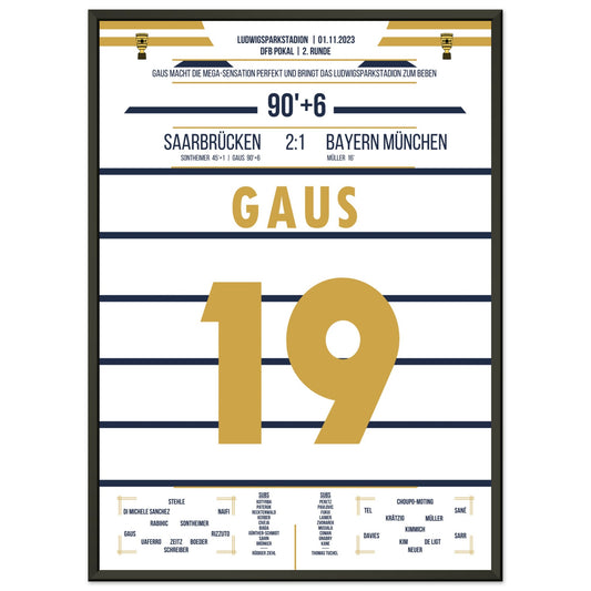 Pokalsensation in Saarbrücken - Gaus schiesst Bayern aus dem Pokal 50x70-cm-20x28-Schwarzer-Aluminiumrahmen