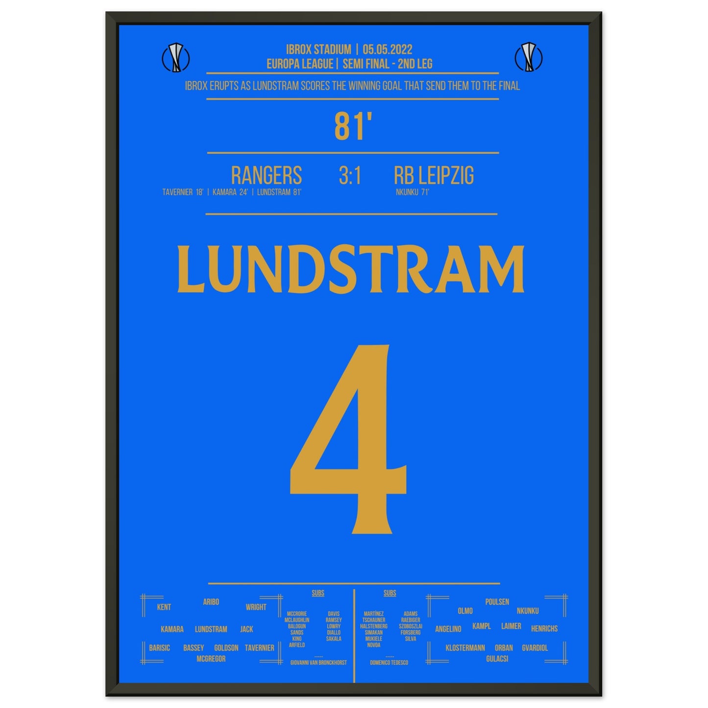 Lundstram's Siegtreffer zum Finaleinzug in der Europa League 50x70-cm-20x28-Schwarzer-Aluminiumrahmen