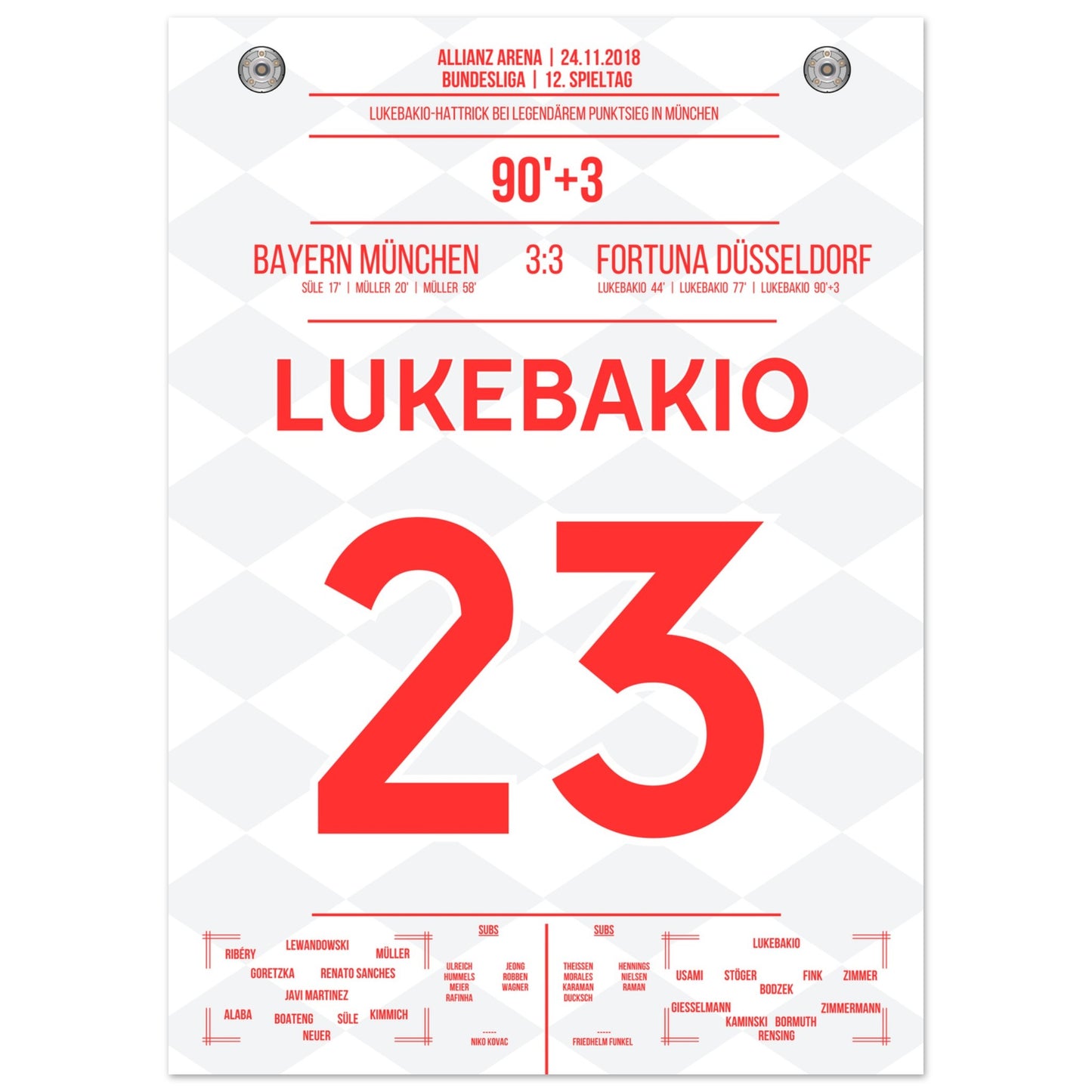 Lukebakio Hattrick gegen Bayern in 2018 50x70-cm-20x28-Ohne-Rahmen