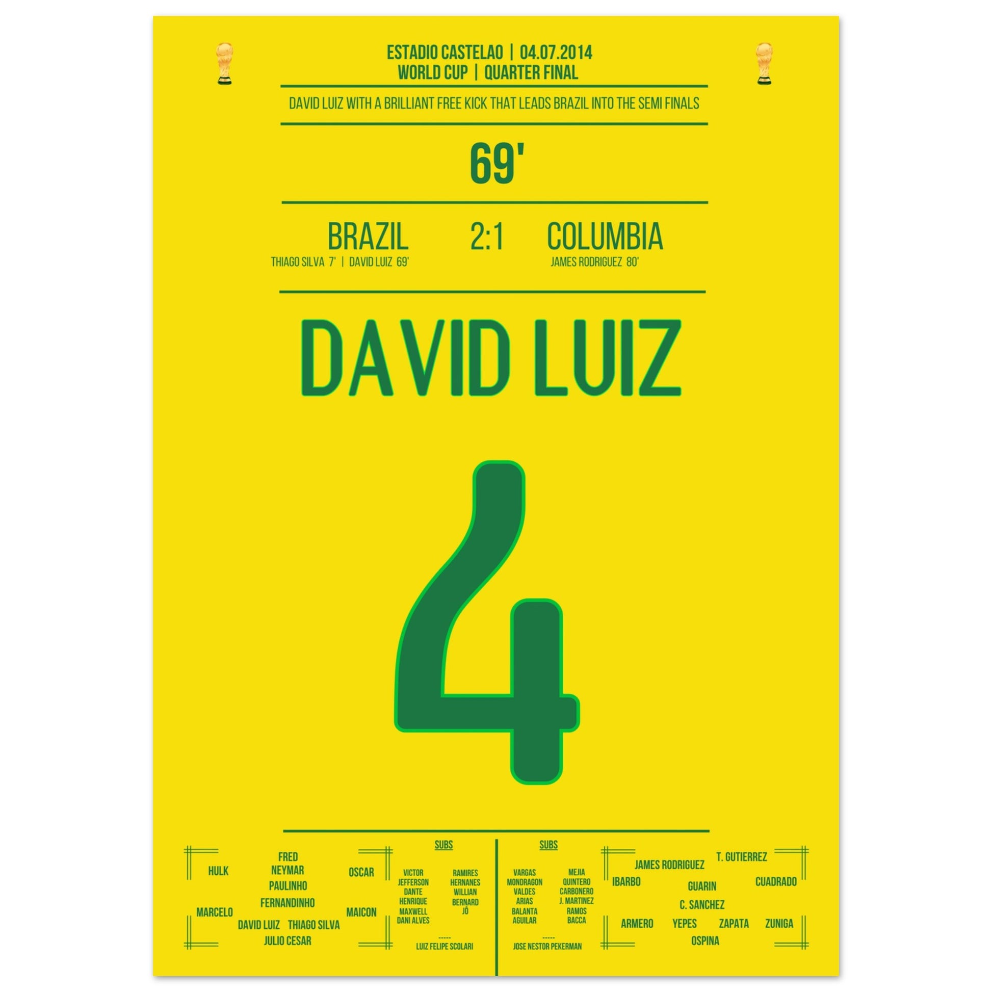 David Luiz Freistoß-Tor gegen Kolumbien bei der WM 2014 50x70-cm-20x28-Ohne-Rahmen
