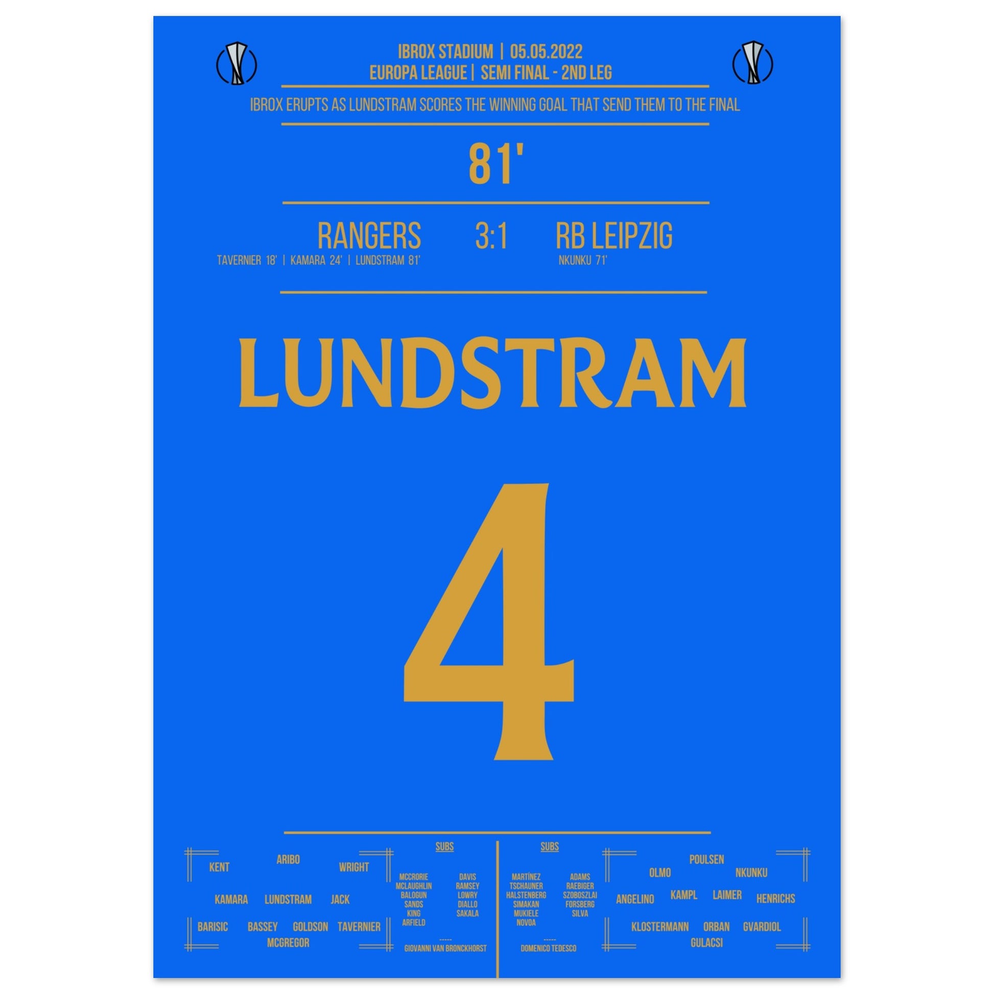 Lundstram's Siegtreffer zum Finaleinzug in der Europa League 50x70-cm-20x28-Ohne-Rahmen