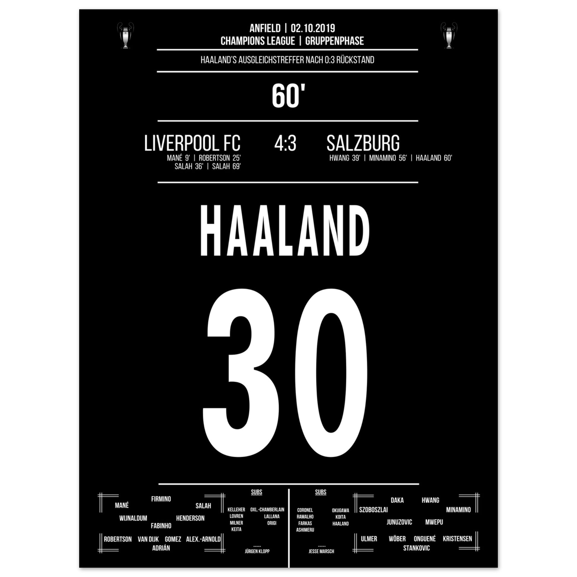 Haaland's Auslgeichstreffer bei Salzburg's wildem Fight in Anfield 2019 45x60-cm-18x24-Ohne-Rahmen