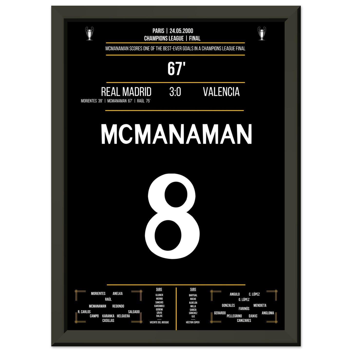 McManaman Volley im Champions League Finale 2000 gegen Valencia A4-21x29.7-cm-8x12-Schwarzer-Aluminiumrahmen