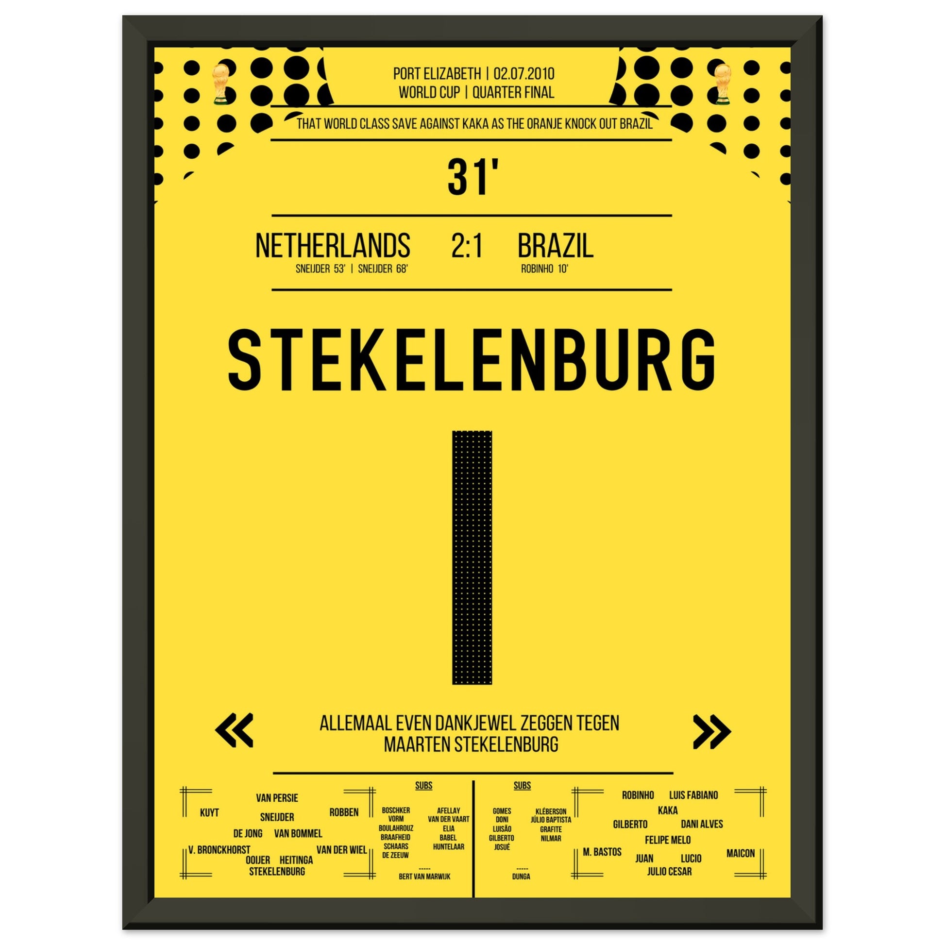 Stekelenburg's Weltklasse Aktion gegen Kaka bei der WM 2010 Kommentar-Version 30x40-cm-12x16-Schwarzer-Aluminiumrahmen