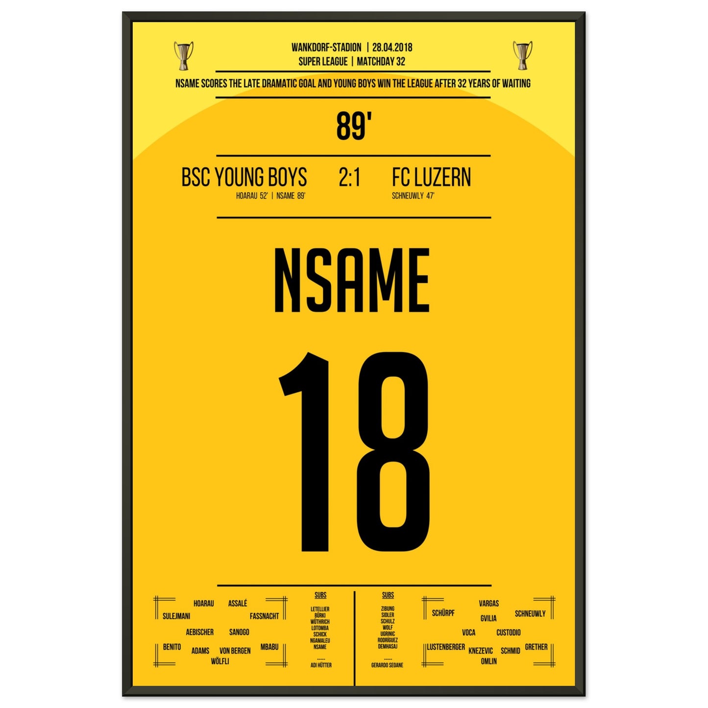 Nsame's Siegtreffer zur ersten Meisterschaft für Young Boys Bern nach 32 Jahren 60x90-cm-24x36-Schwarzer-Aluminiumrahmen