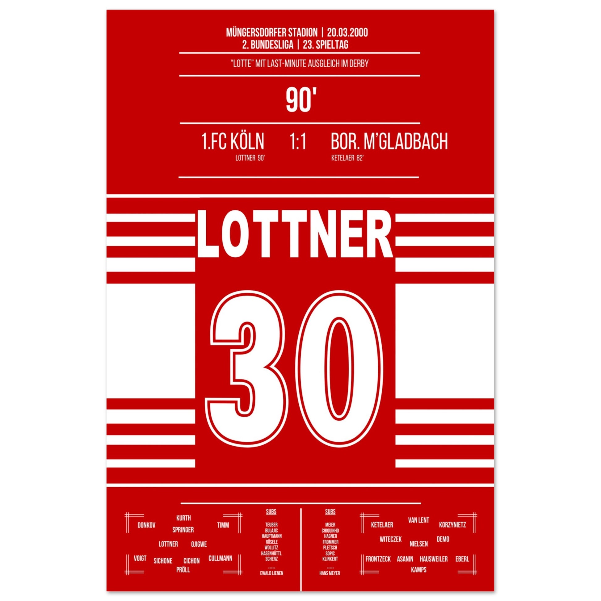 Lottner's Ausgleich in der 90. im Derby gegen Gladbach in 2000 60x90-cm-24x36-Ohne-Rahmen