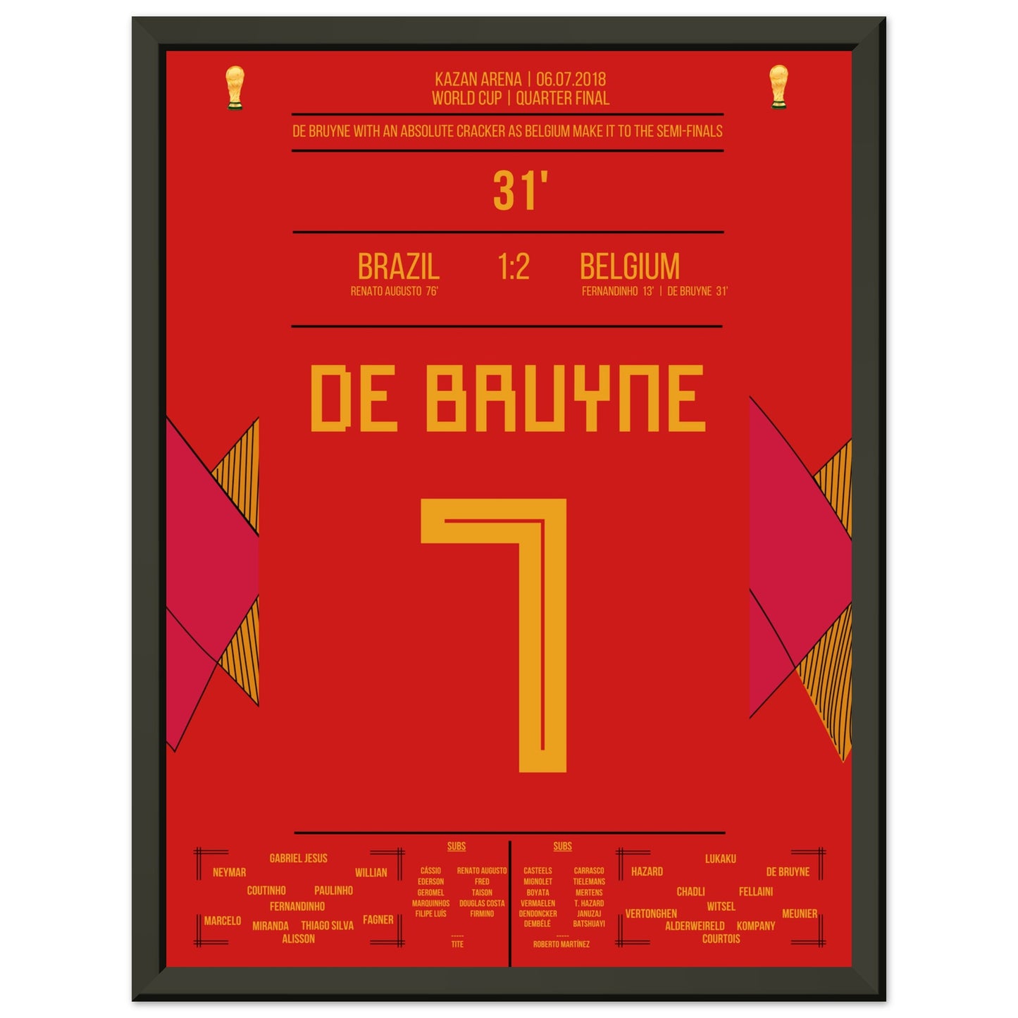 De Bruyne's Hammer-Tor bei der WM 2018 gegen Brasilien 30x40-cm-12x16-Schwarzer-Aluminiumrahmen