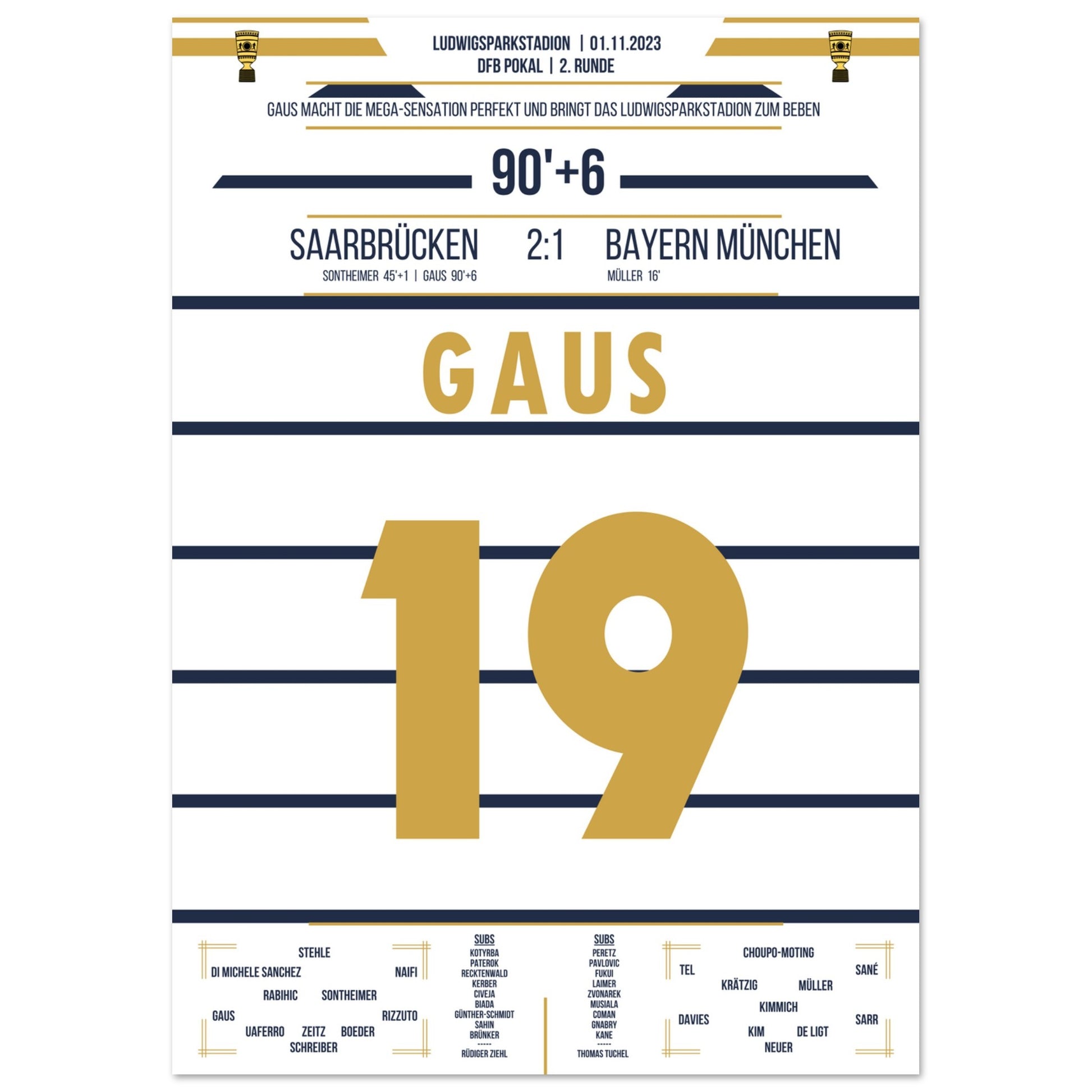 Pokalsensation in Saarbrücken - Gaus schiesst Bayern aus dem Pokal A4-21x29.7-cm-8x12-Ohne-Rahmen