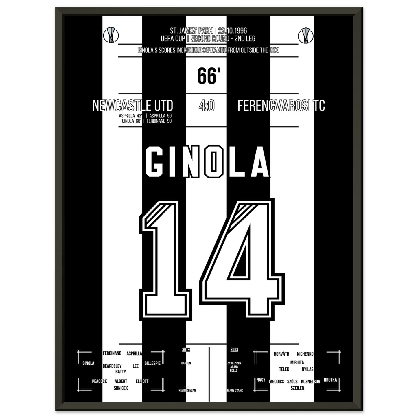 Ginola's Traumtor gegen Ferencvaros 1996 45x60-cm-18x24-Schwarzer-Aluminiumrahmen