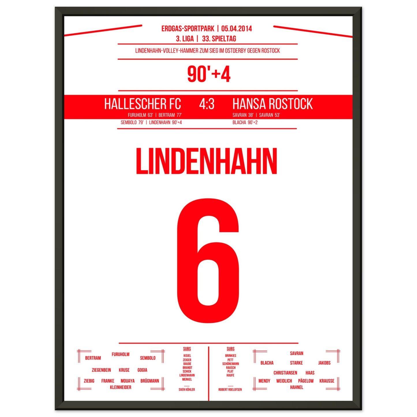 Lindenhahn-Volley zum Sieg in der Nachspielzeit im Ostderby gegen Rostock 45x60-cm-18x24-Schwarzer-Aluminiumrahmen