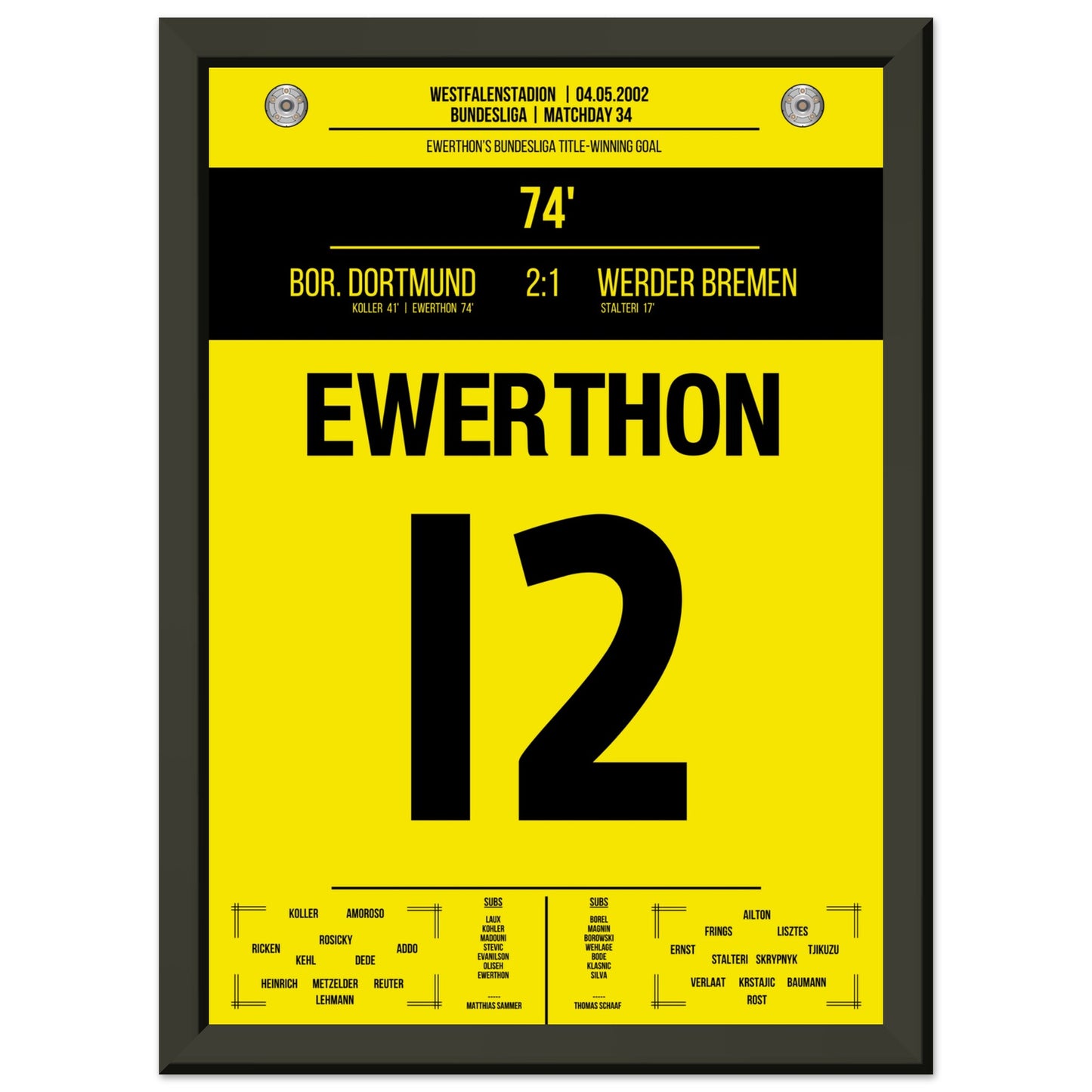 Ewerthon's Tor zu Dortmunds Meisterschaft 2002 A4-21x29.7-cm-8x12-Schwarzer-Aluminiumrahmen