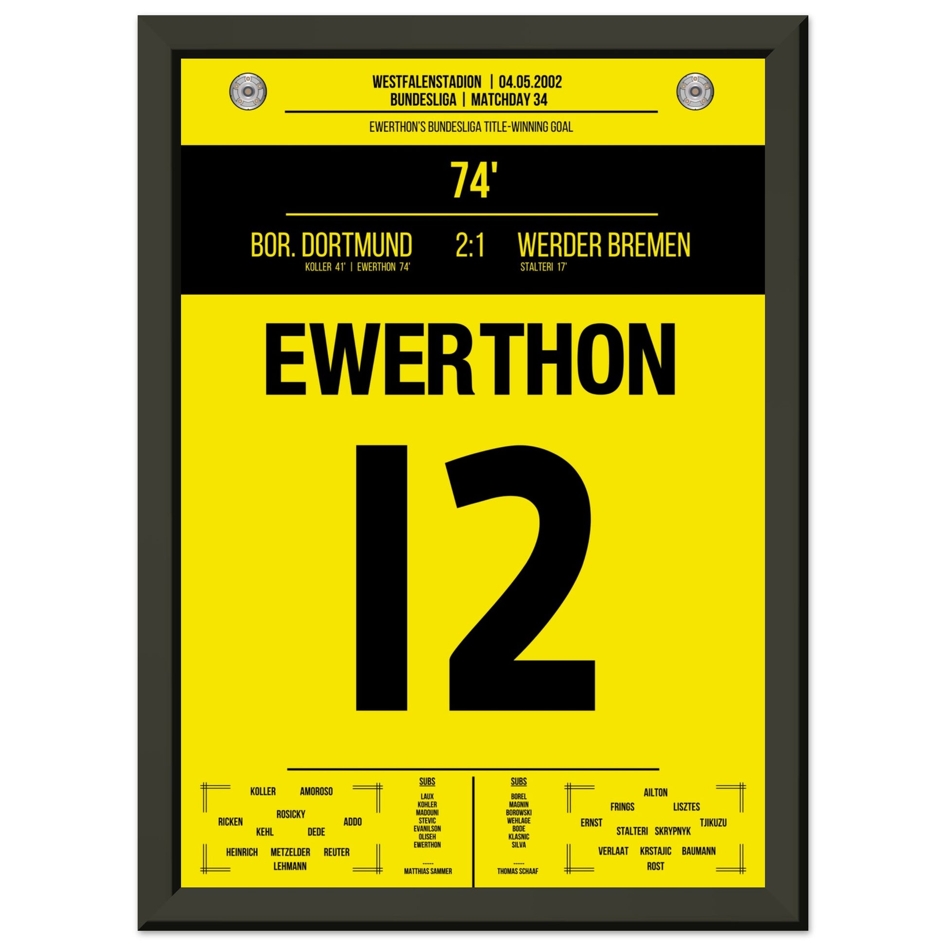 Ewerthon's Tor zu Dortmunds Meisterschaft 2002 A4-21x29.7-cm-8x12-Schwarzer-Aluminiumrahmen