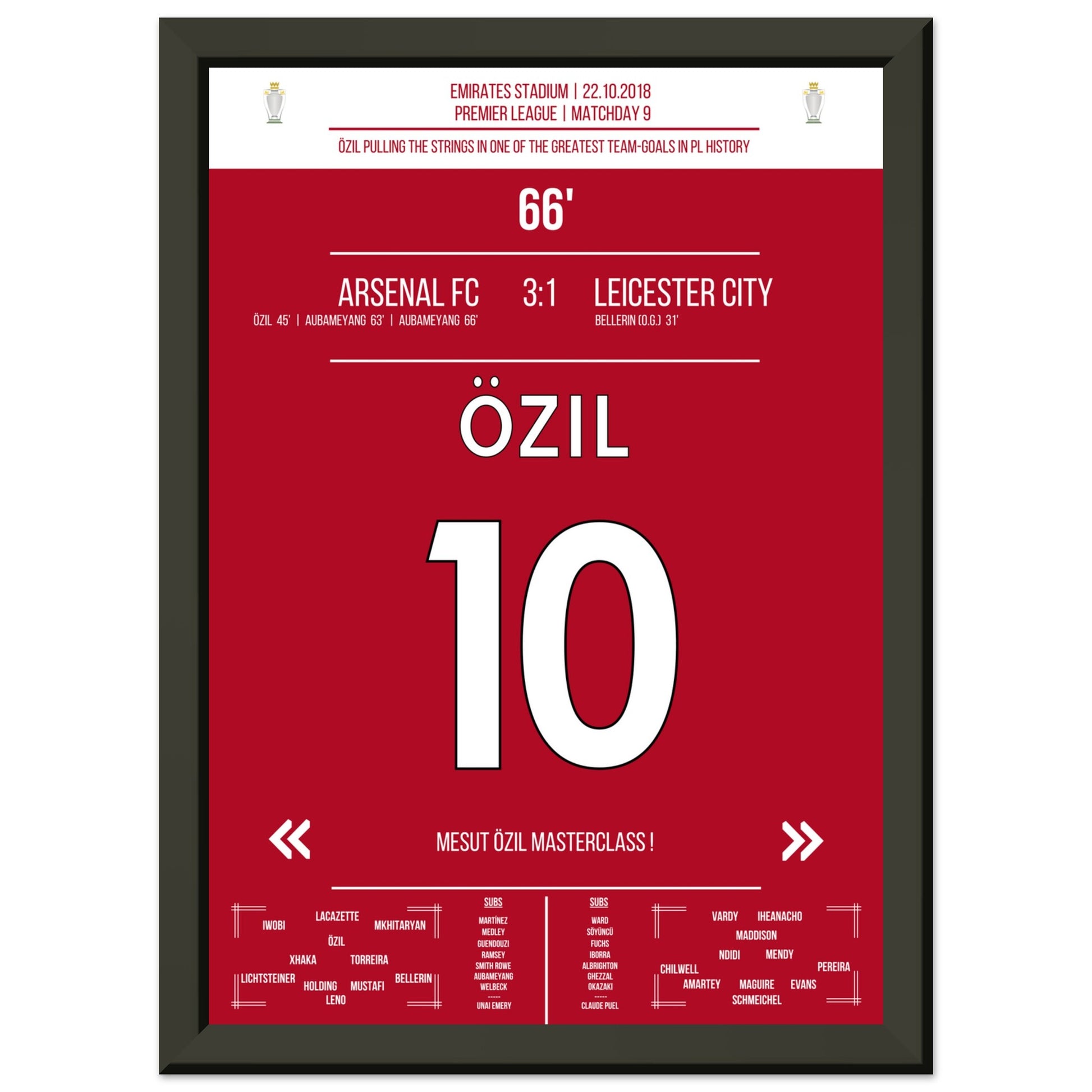 Mesut Özil Masterclass gegen Leicester in 2018 A4-21x29.7-cm-8x12-Schwarzer-Aluminiumrahmen