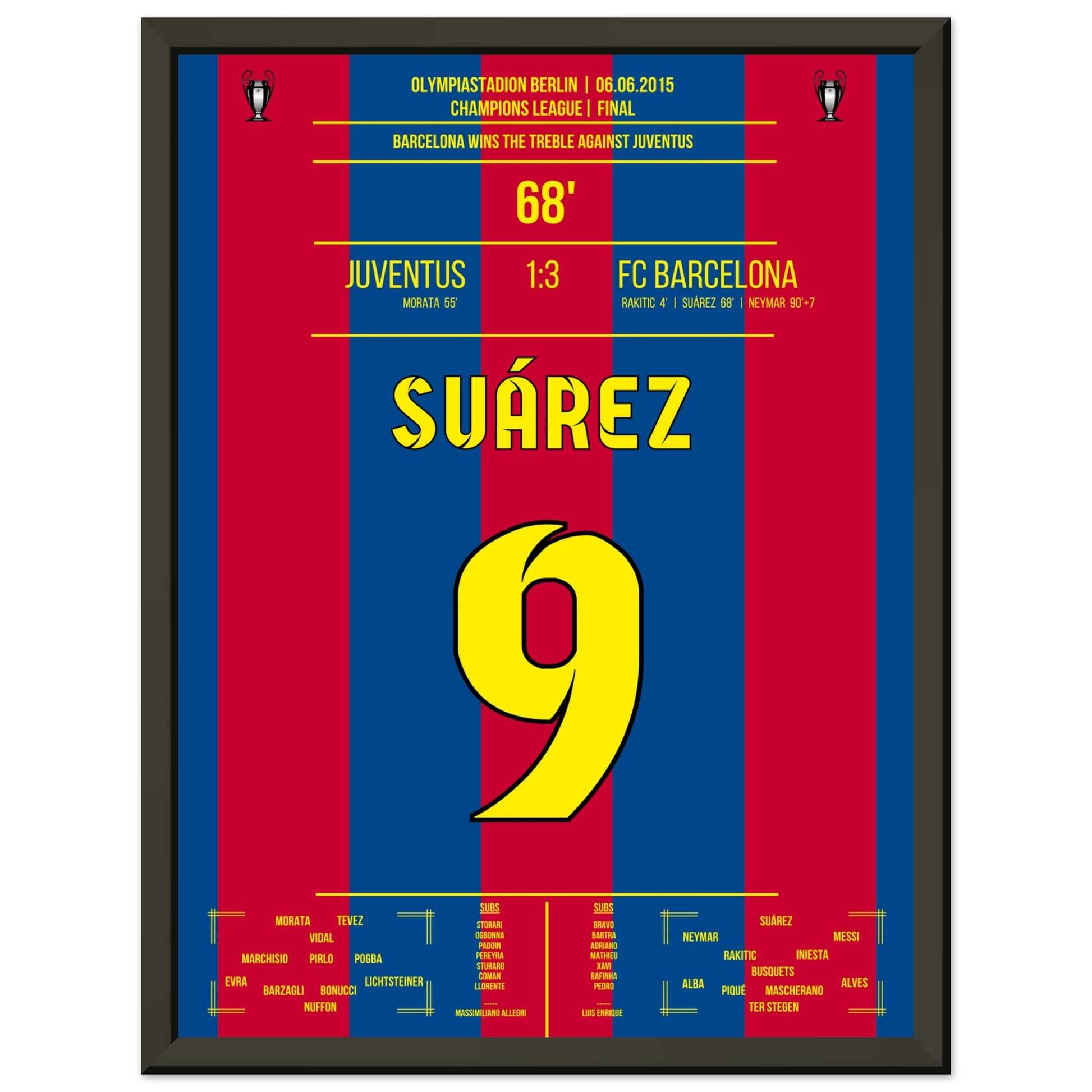Suarez trifft im CL Finale 2015 und Barca holt das Triple 30x40-cm-12x16-Schwarzer-Aluminiumrahmen
