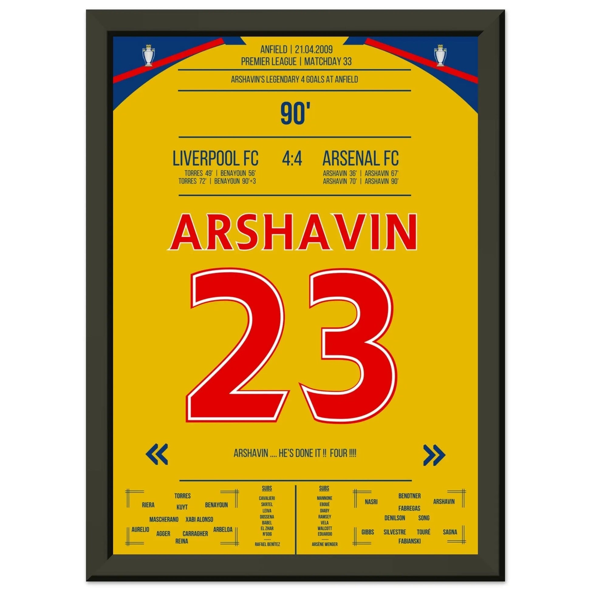 Arshavin's 4-Tore-Show in Anfield 2009 A4-21x29.7-cm-8x12-Schwarzer-Aluminiumrahmen