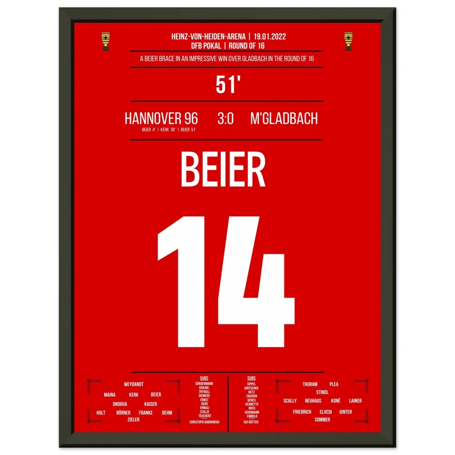 Beier's Doppelpack beim 3:0 Sieg gegen Gladbach im DFB Pokal 2022 30x40-cm-12x16-Schwarzer-Aluminiumrahmen