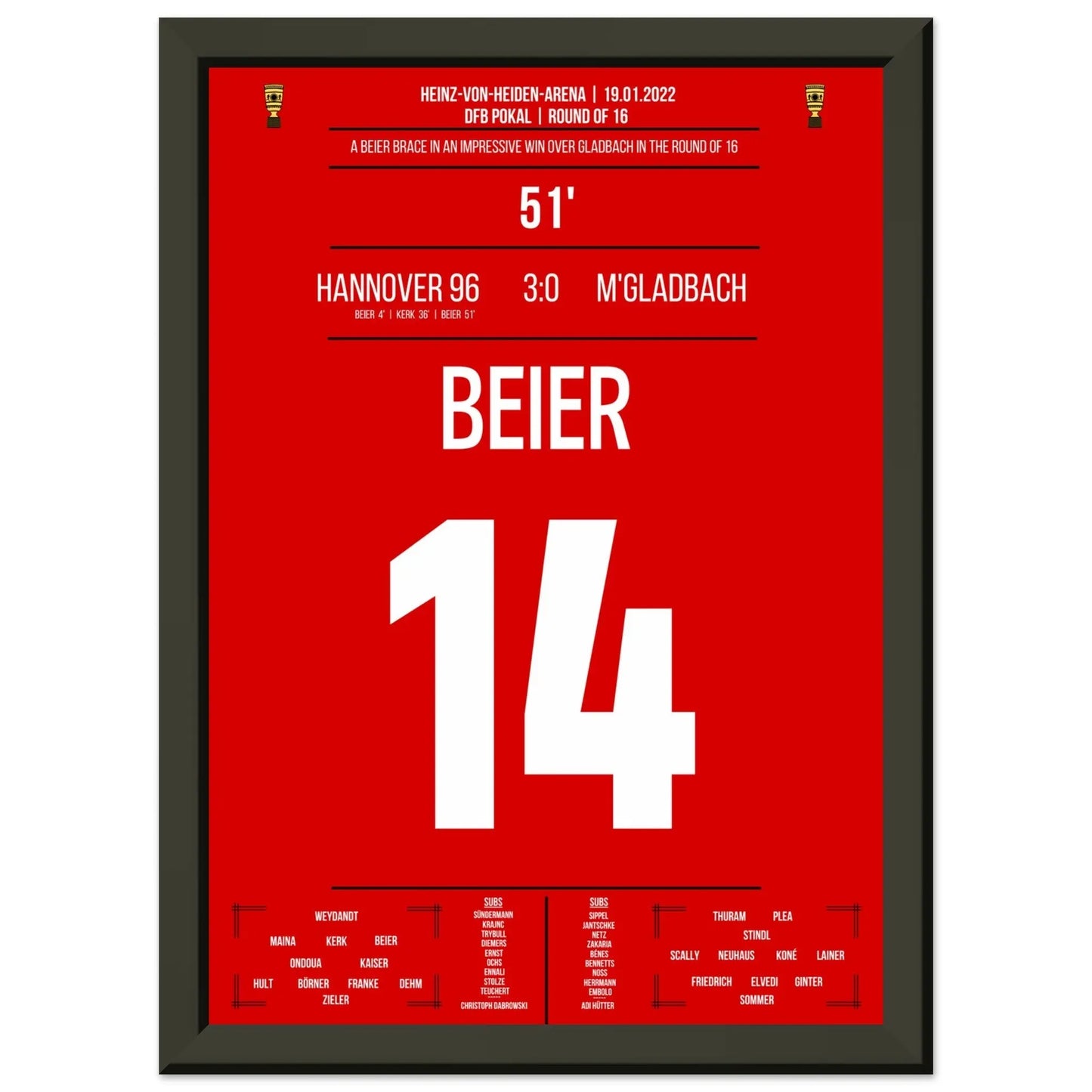 Beier's Doppelpack beim 3:0 Sieg gegen Gladbach im DFB Pokal 2022 A4-21x29.7-cm-8x12-Schwarzer-Aluminiumrahmen