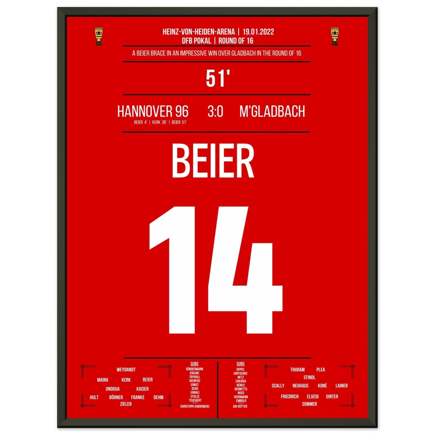 Beier's Doppelpack beim 3:0 Sieg gegen Gladbach im DFB Pokal 2022 45x60-cm-18x24-Schwarzer-Aluminiumrahmen