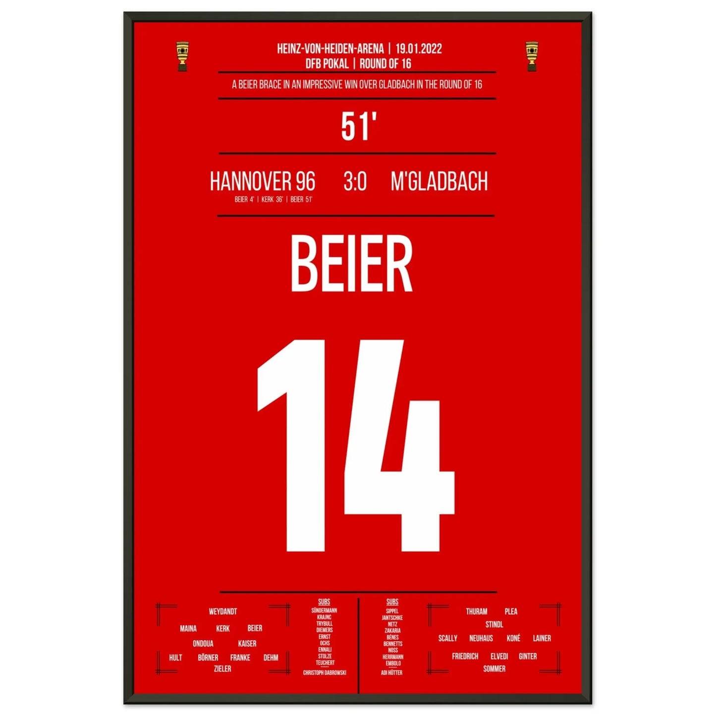 Beier's Doppelpack beim 3:0 Sieg gegen Gladbach im DFB Pokal 2022 60x90-cm-24x36-Schwarzer-Aluminiumrahmen