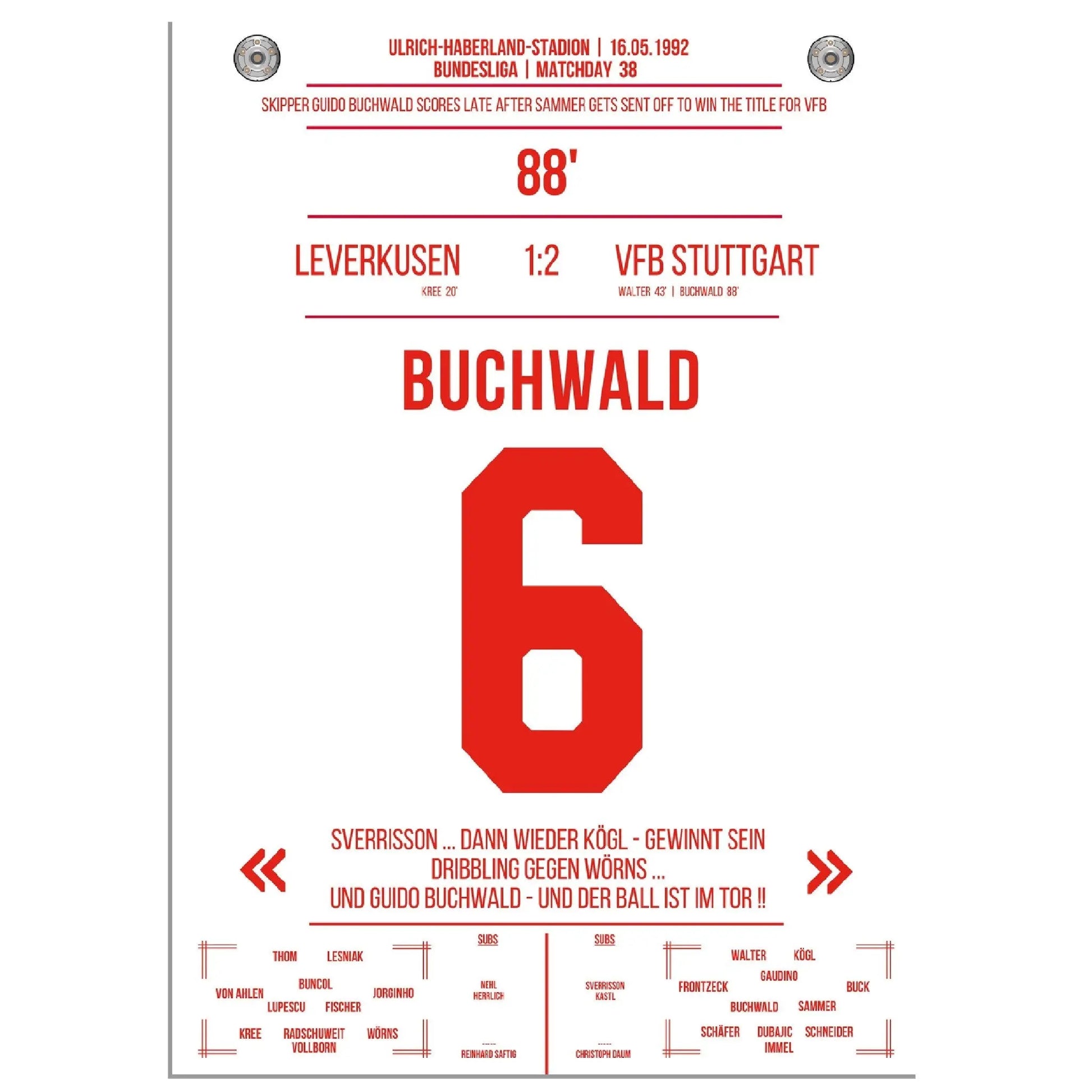 Buchwald's Tor zur Meisterschaft 1992 gegen Leverkusen 