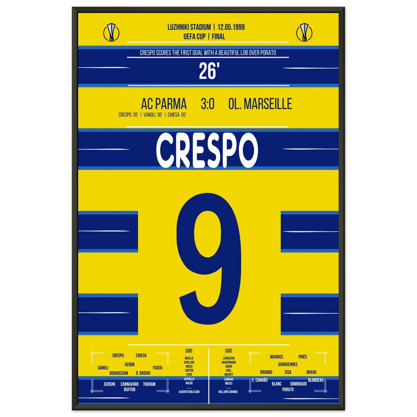 Crespo's Tor bei Parma's Europapokal-Triumph 1999 60x90-cm-24x36-Schwarzer-Aluminiumrahmen