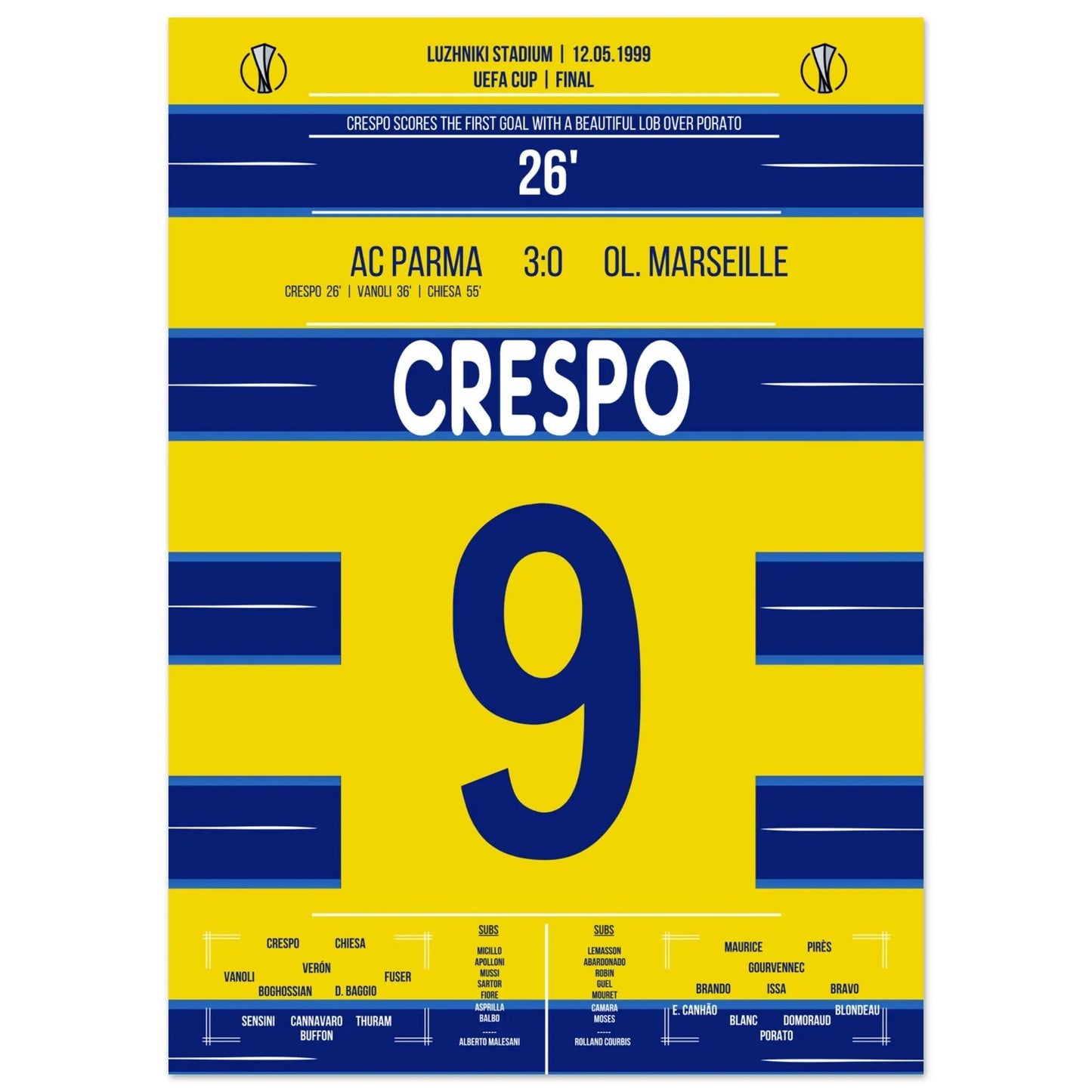 Crespo's Tor bei Parma's Europapokal-Triumph 1999 50x70-cm-20x28-Ohne-Rahmen