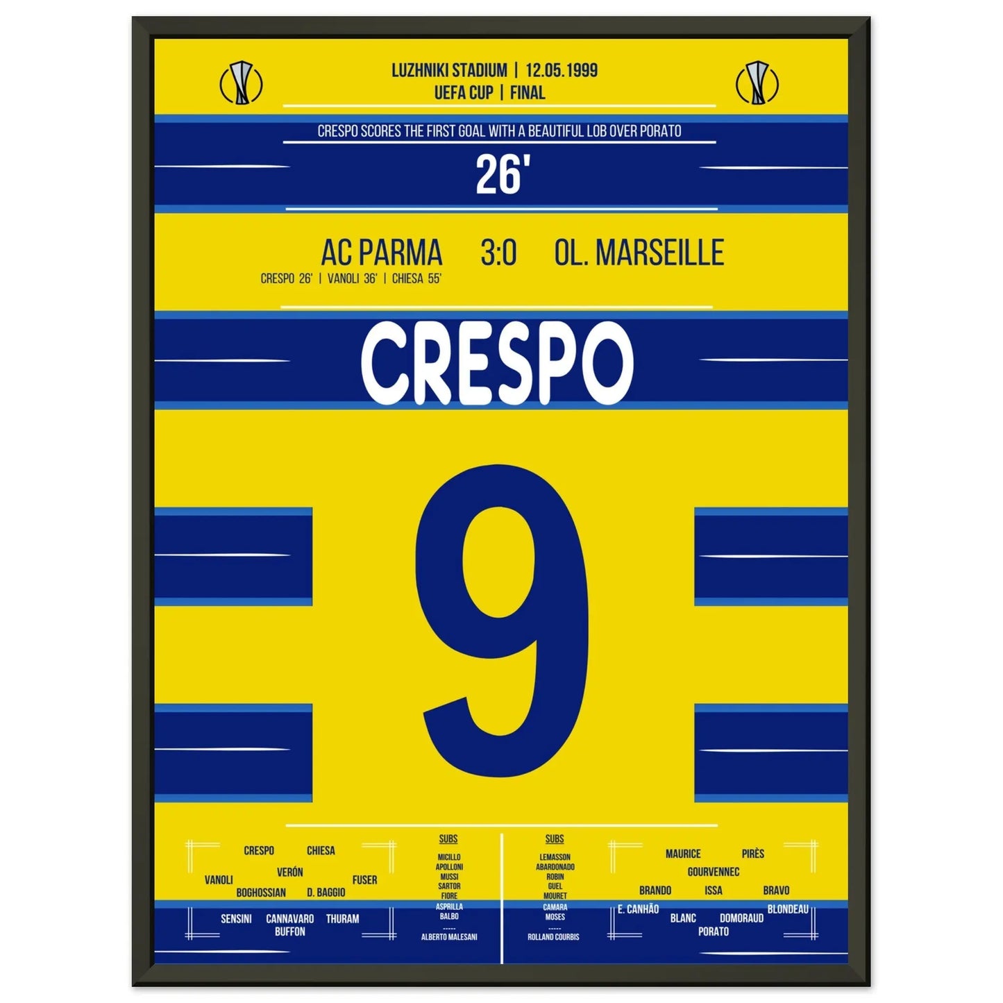 Crespo's Tor bei Parma's Europapokal-Triumph 1999 45x60-cm-18x24-Schwarzer-Aluminiumrahmen