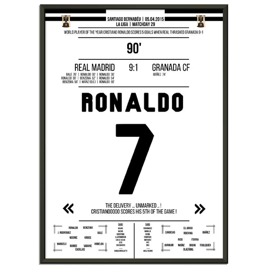 Cristiano Ronaldo's 5 Tore-Show gegen Granada in 2015 50x70-cm-20x28-Schwarzer-Aluminiumrahmen