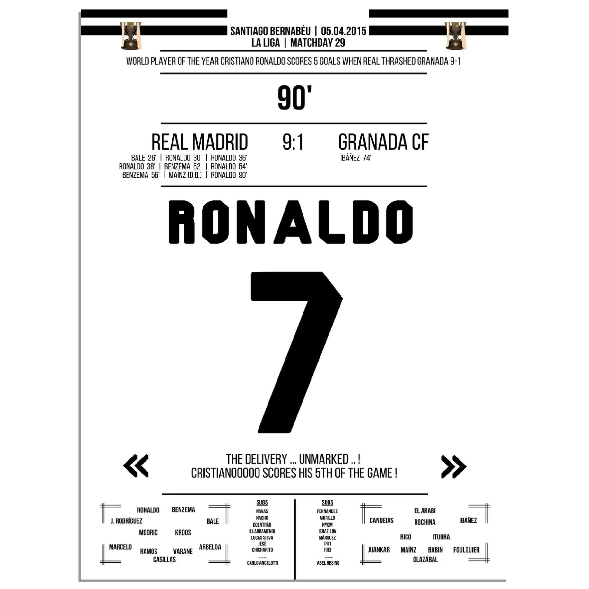 Cristiano Ronaldo's 5 Tore-Show gegen Granada in 2015 45x60-cm-18x24-Ohne-Rahmen