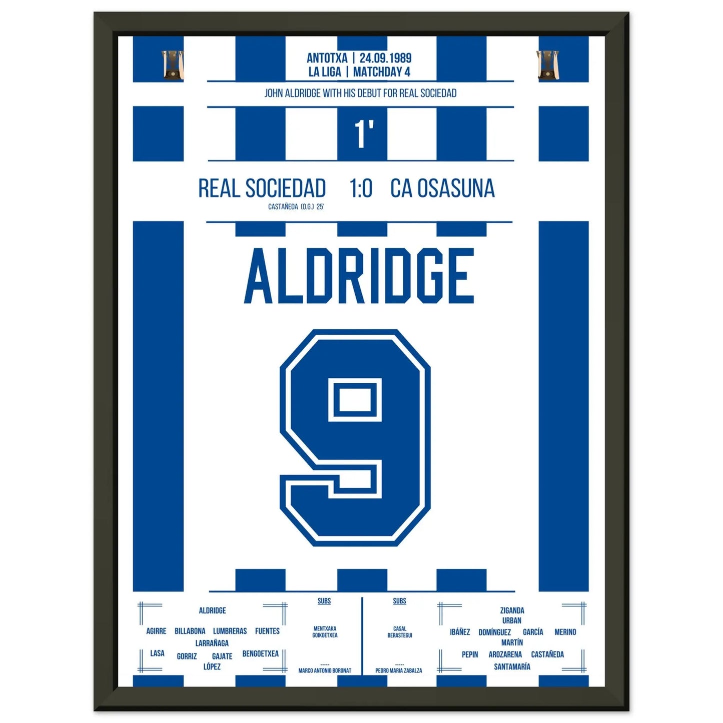 Debüt-Spiel von John Aldridge für Real Sociedad 30x40-cm-12x16-Schwarzer-Aluminiumrahmen