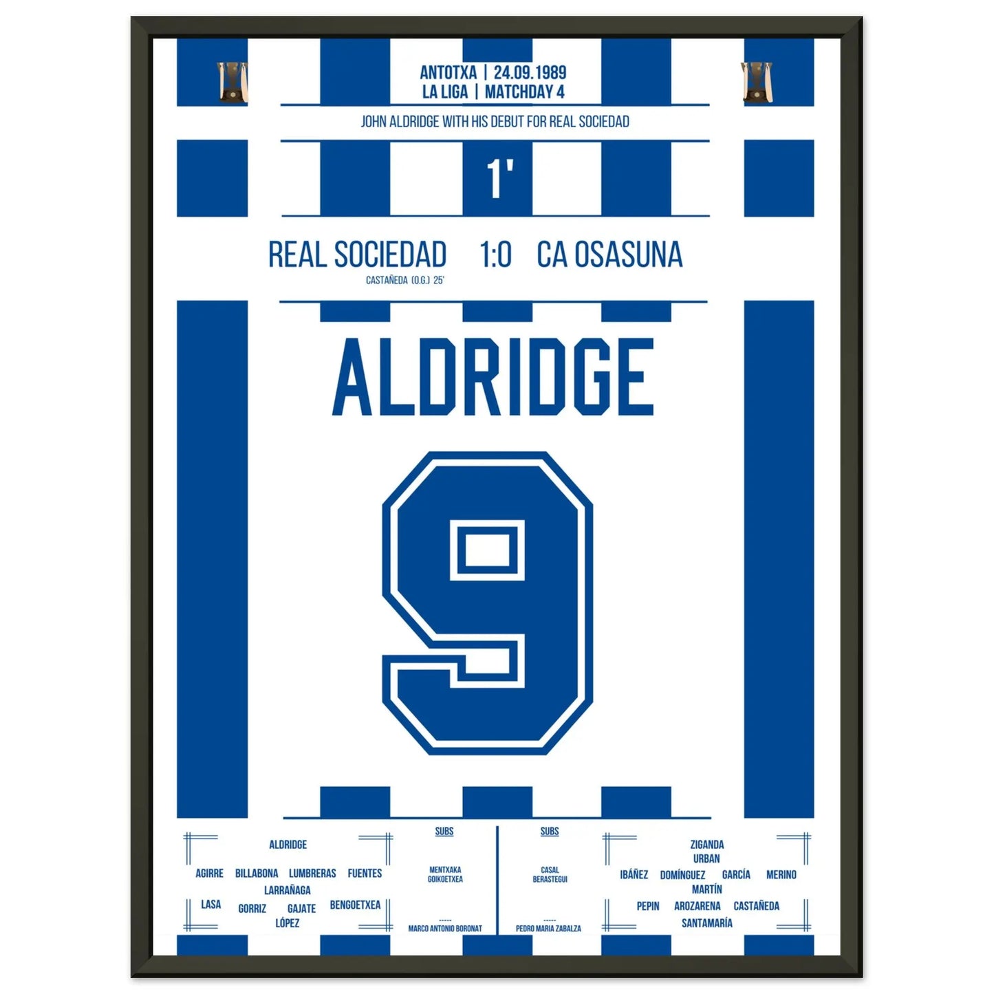 Debüt-Spiel von John Aldridge für Real Sociedad 45x60-cm-18x24-Schwarzer-Aluminiumrahmen