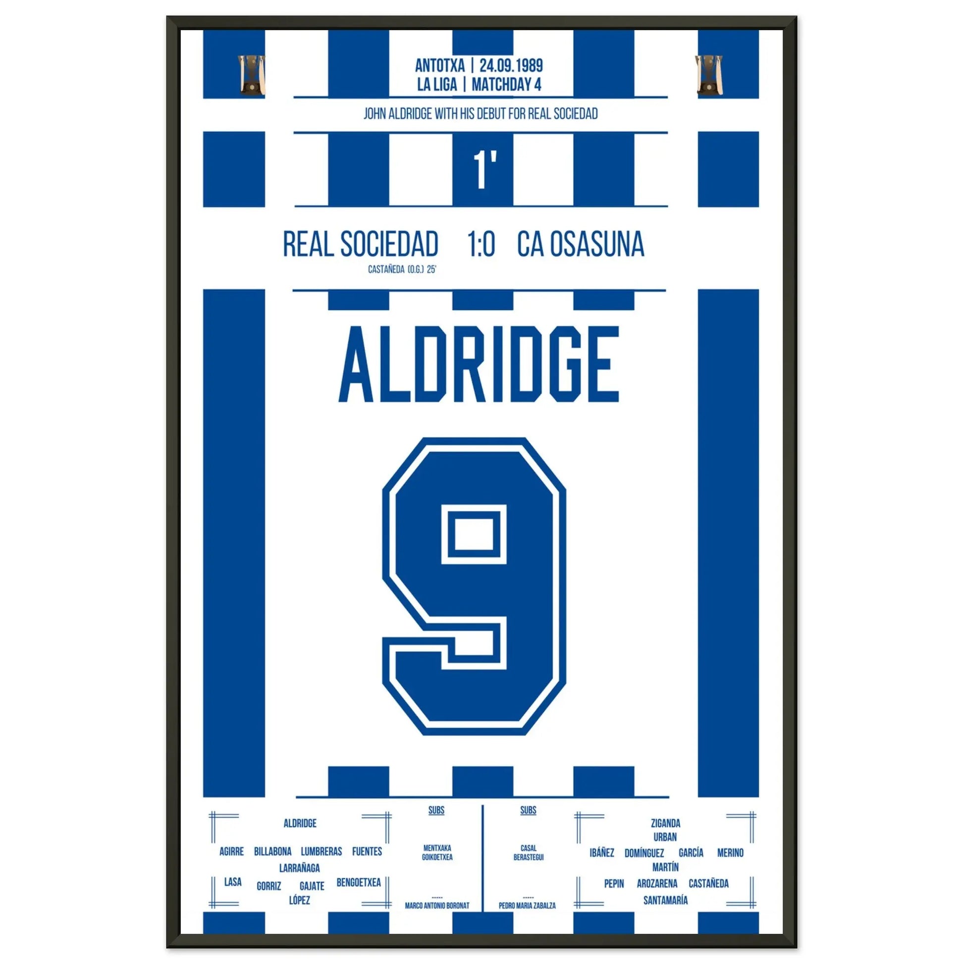 Debüt-Spiel von John Aldridge für Real Sociedad 60x90-cm-24x36-Schwarzer-Aluminiumrahmen