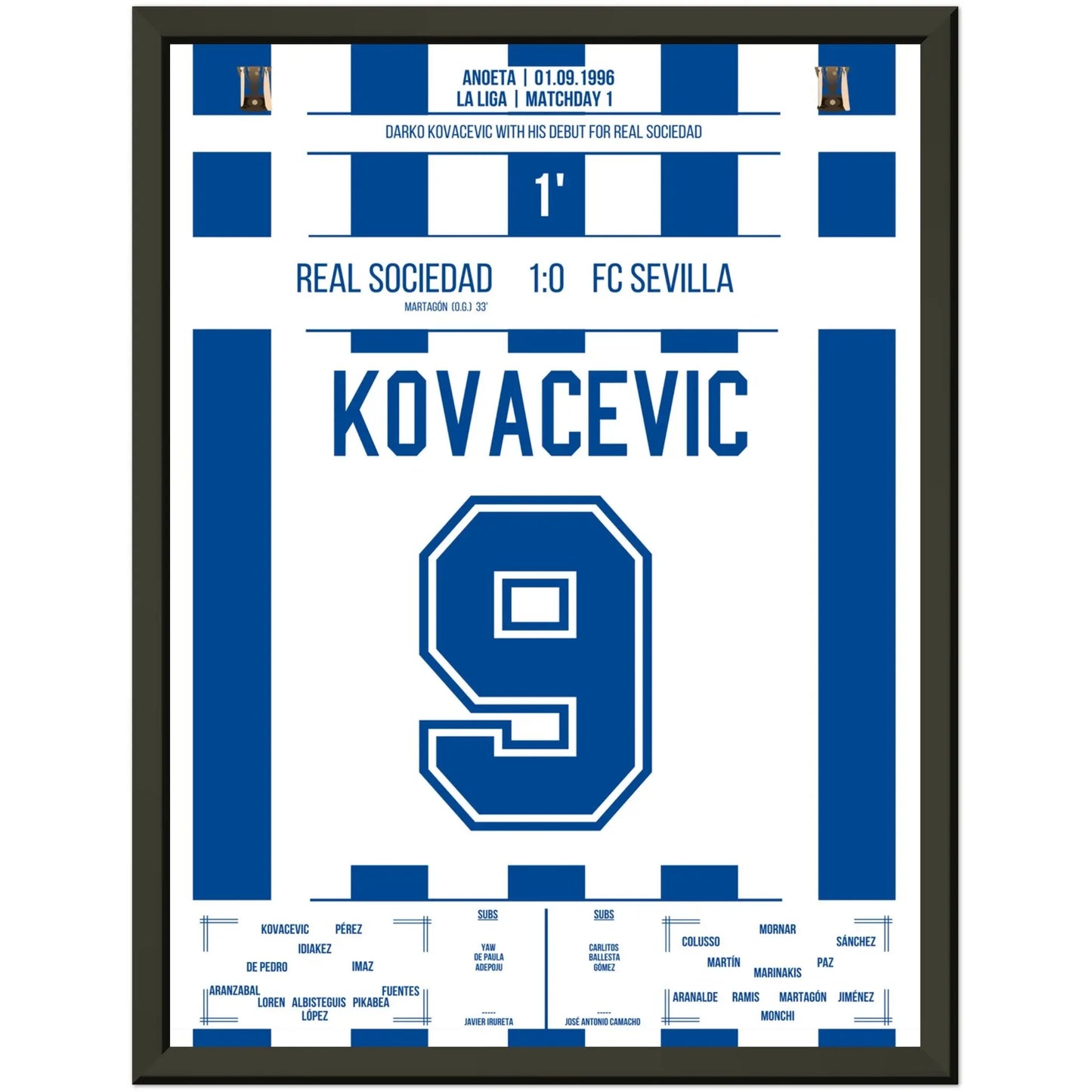 Debüt von Darko Kovacevic für Real Sociedad in 1996 30x40-cm-12x16-Schwarzer-Aluminiumrahmen