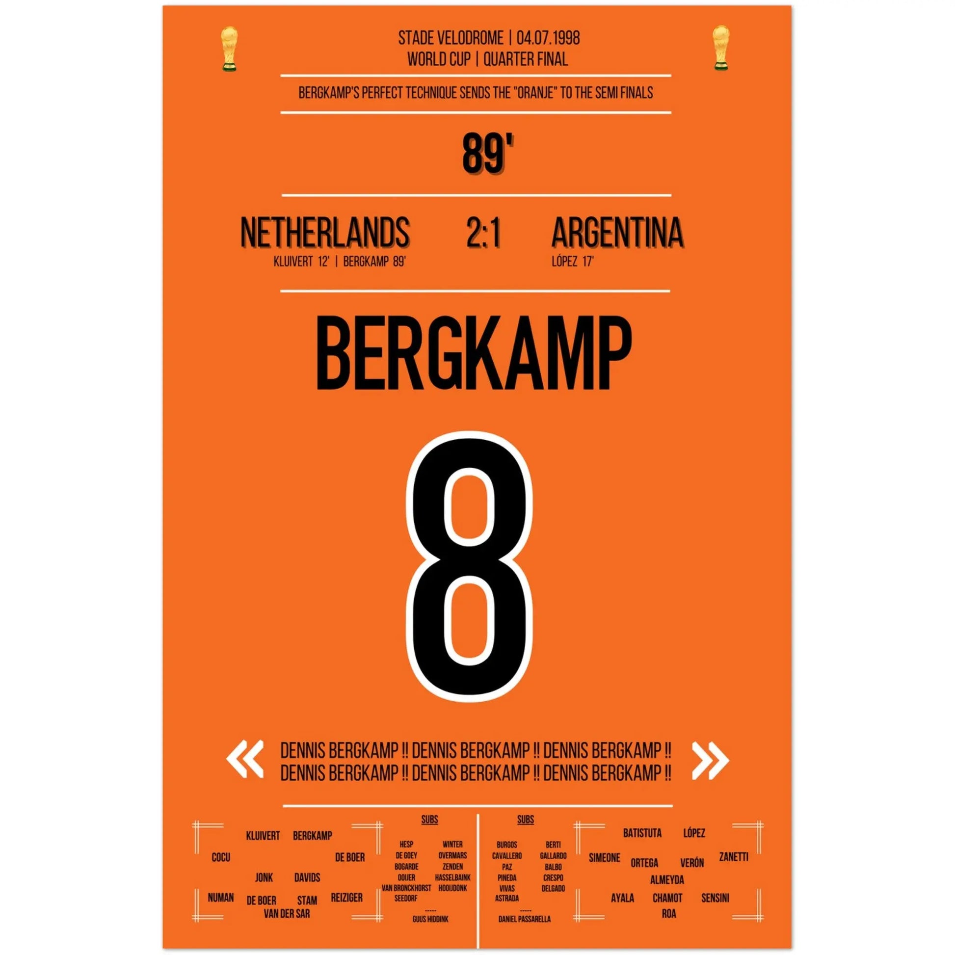 Dennis Bergkamp Traumtor bei der WM 1998 im Viertelfinale Niederlande - Argentinien 