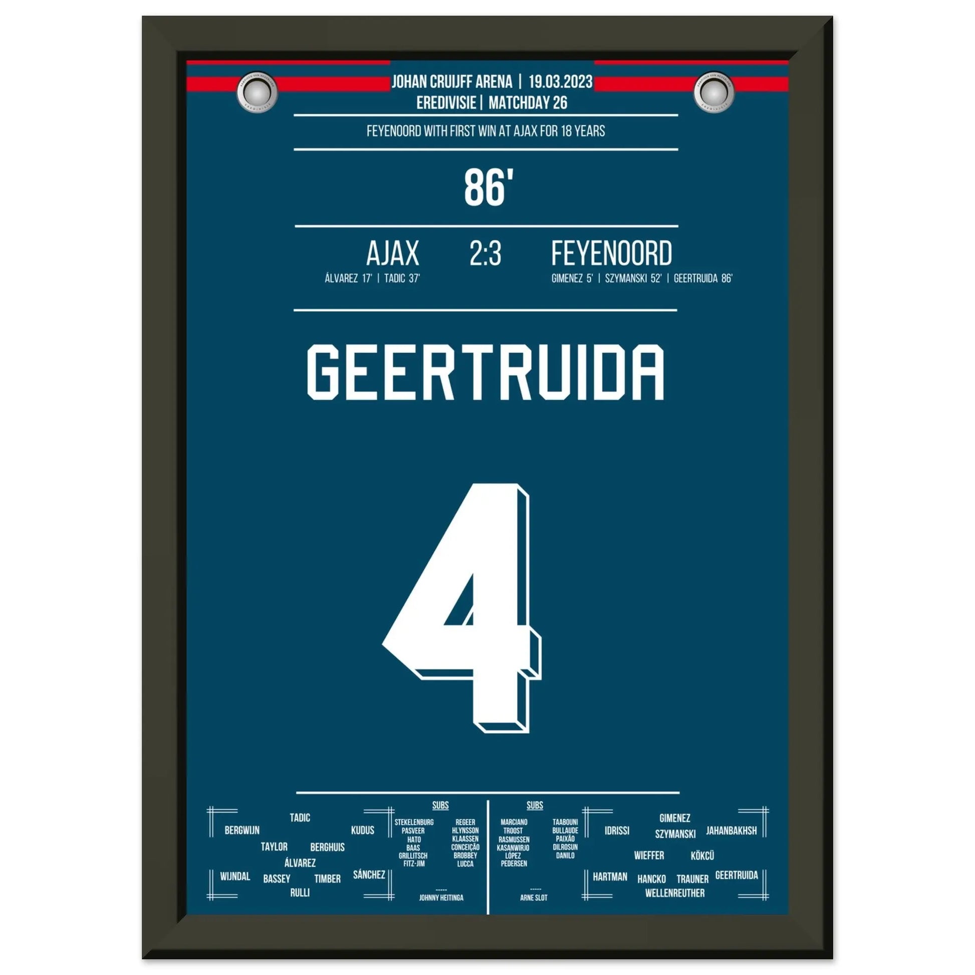 Feyenoord mit erstem Sieg bei Ajax nach 18 Jahren A4-21x29.7-cm-8x12-Schwarzer-Aluminiumrahmen